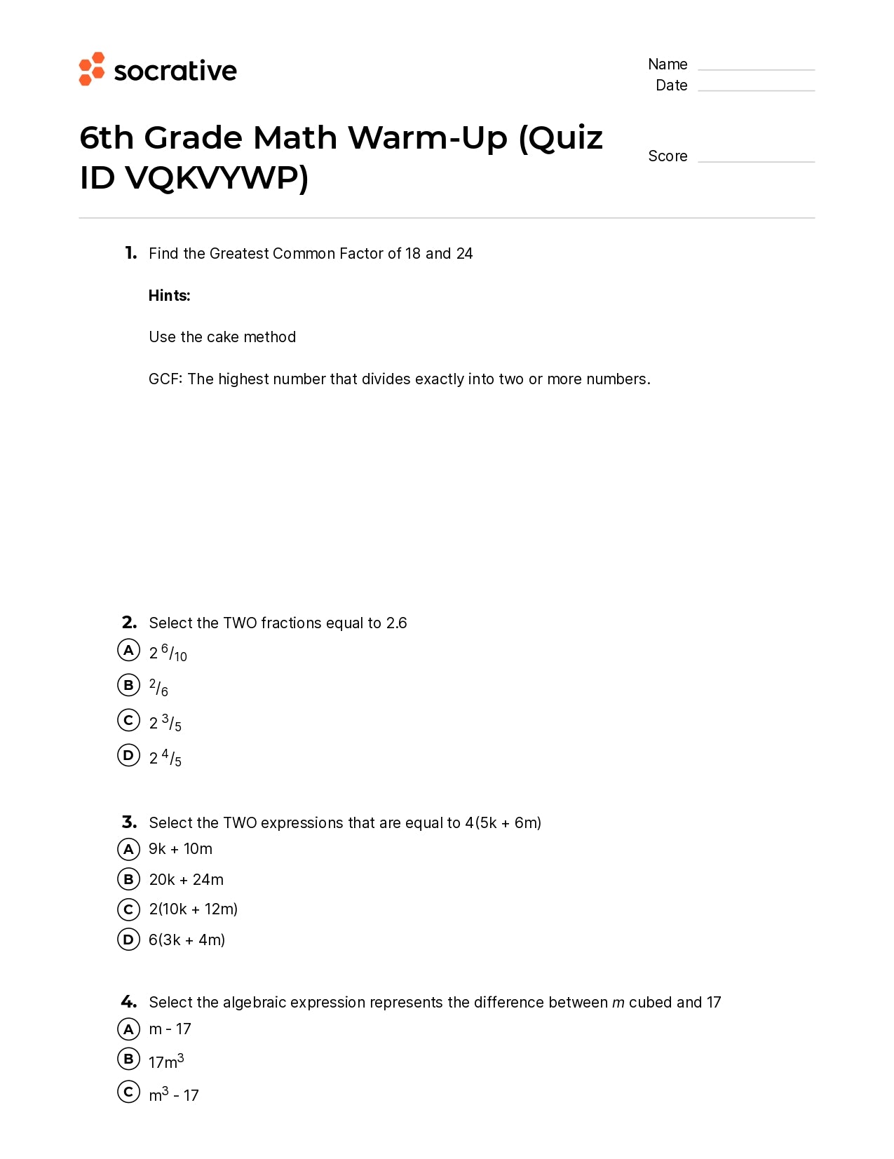 6Th Grade Math Warm-Up