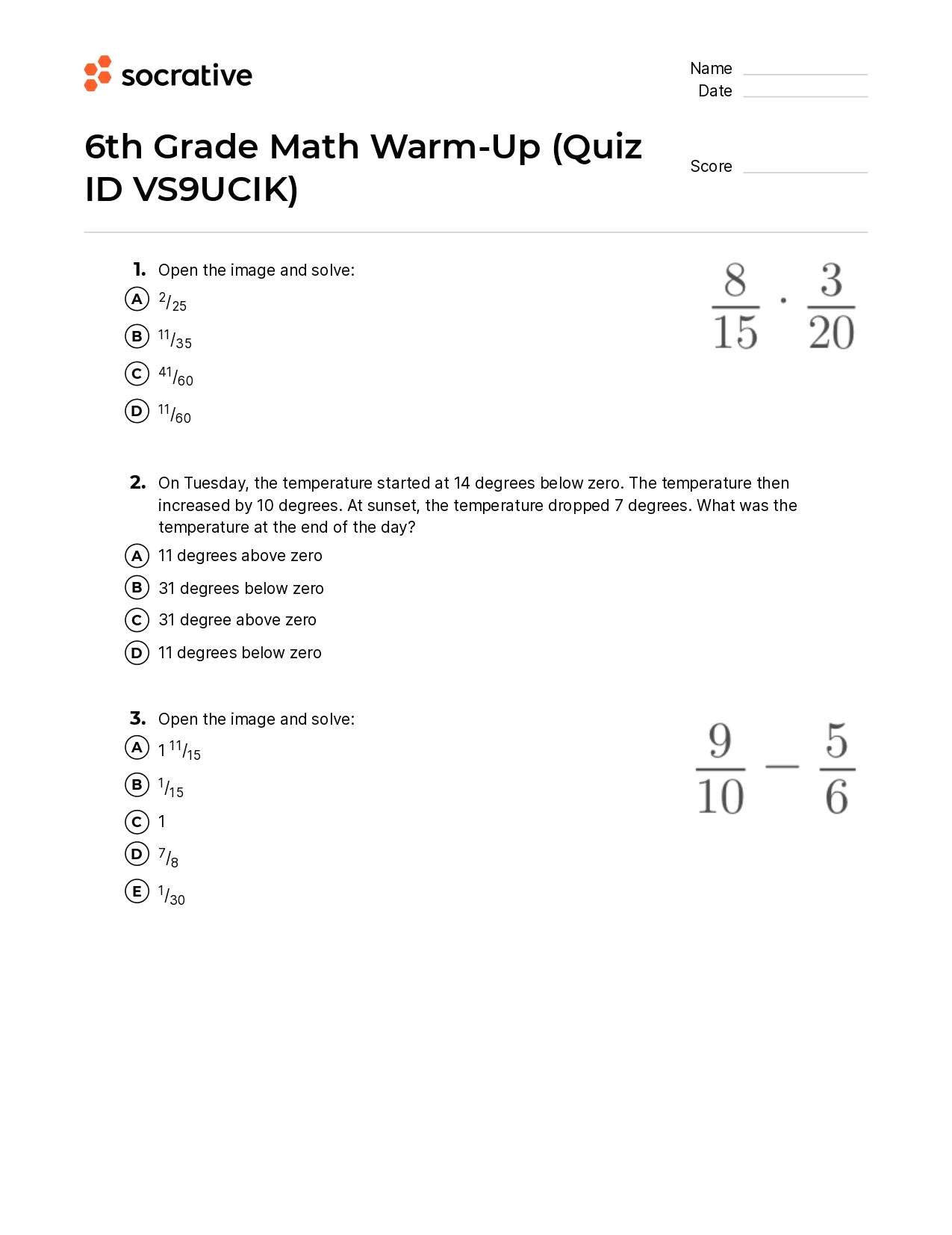 6Th Grade Math Warm-Up