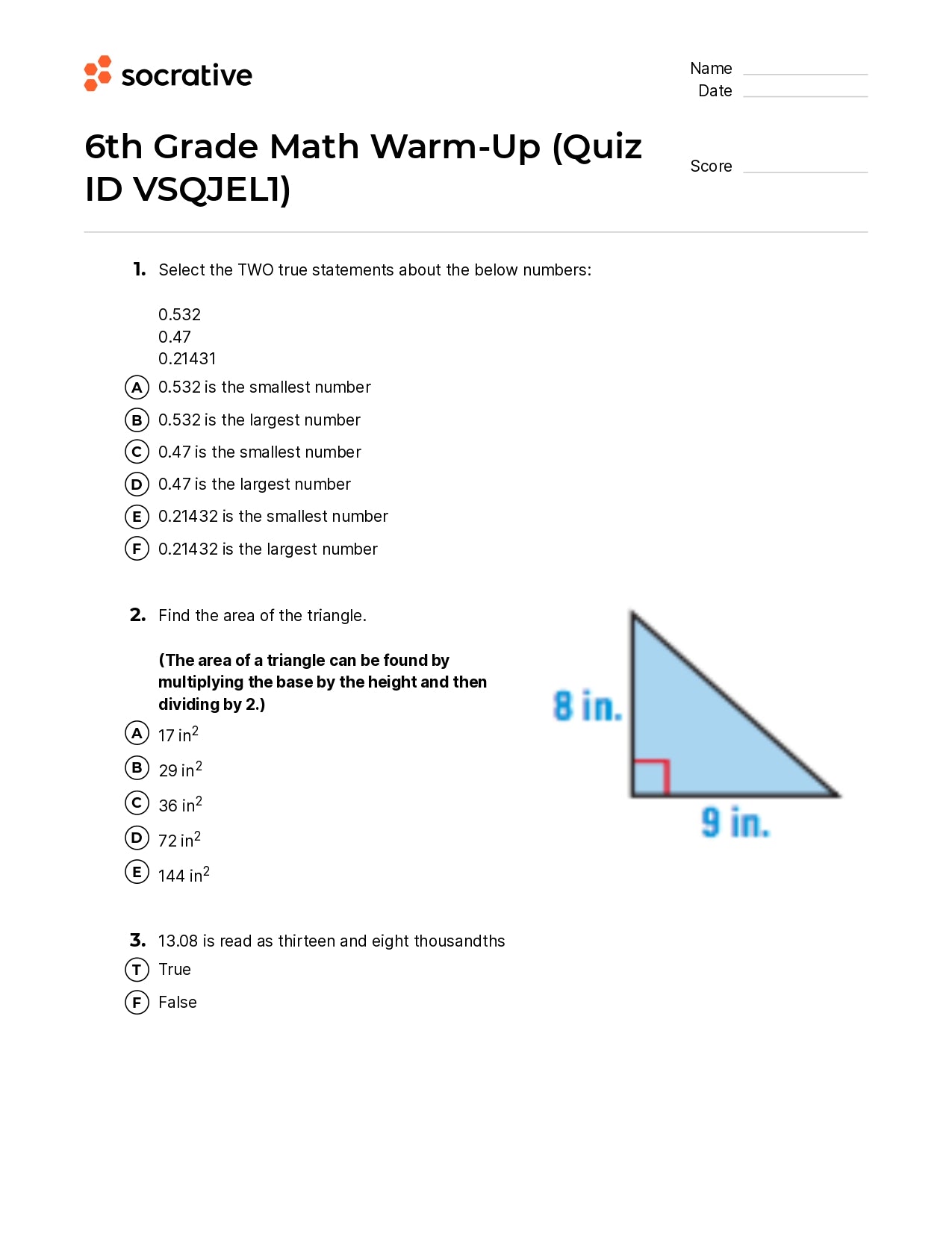 6Th Grade Math Warm-Up
