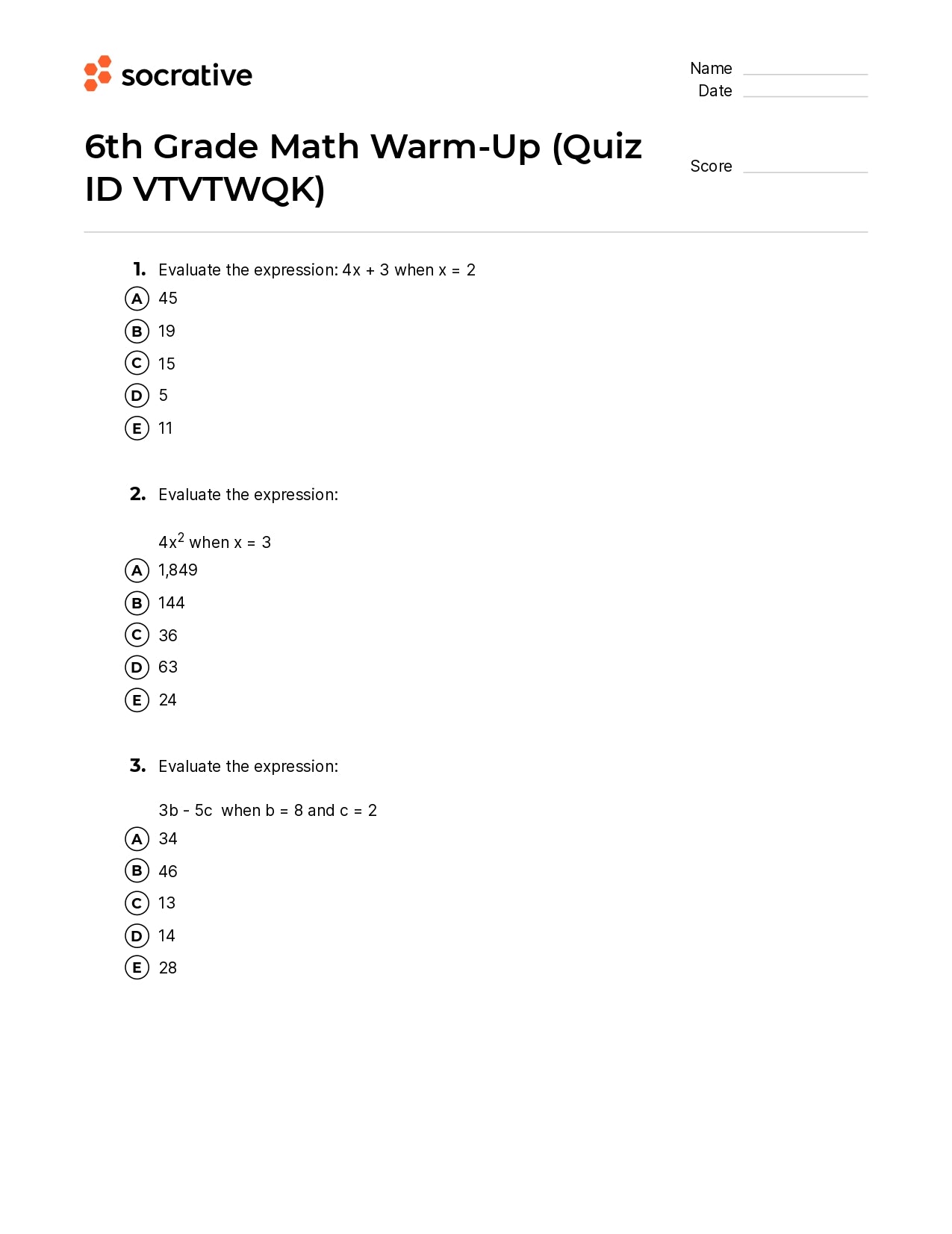 6Th Grade Math Warm-Up