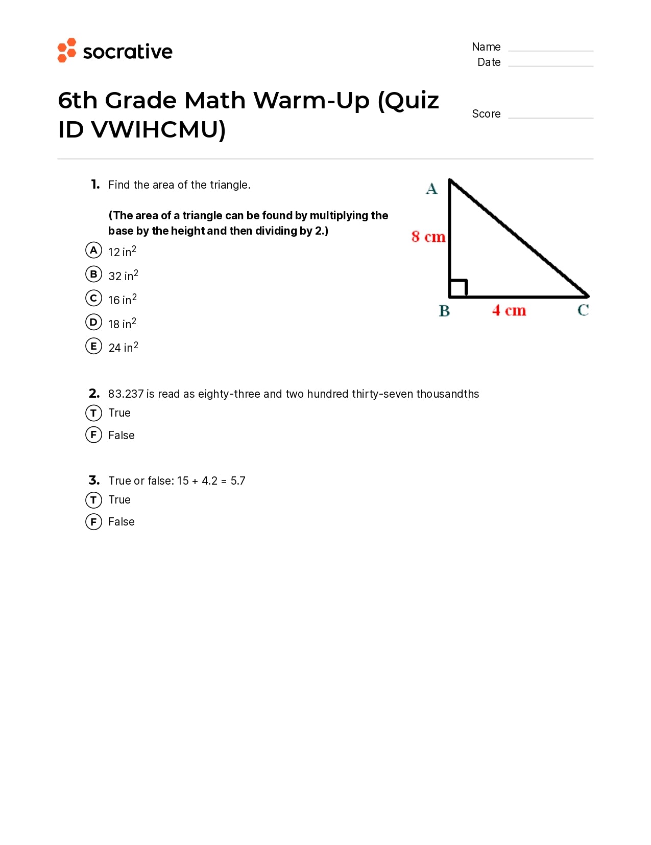 6Th Grade Math Warm-Up