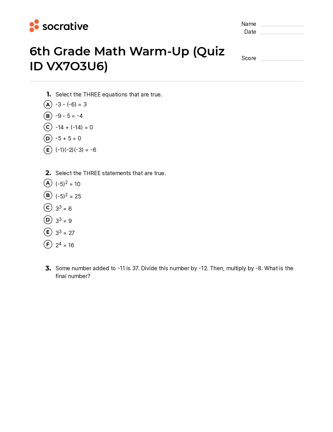 6Th Grade Math Warm-Up