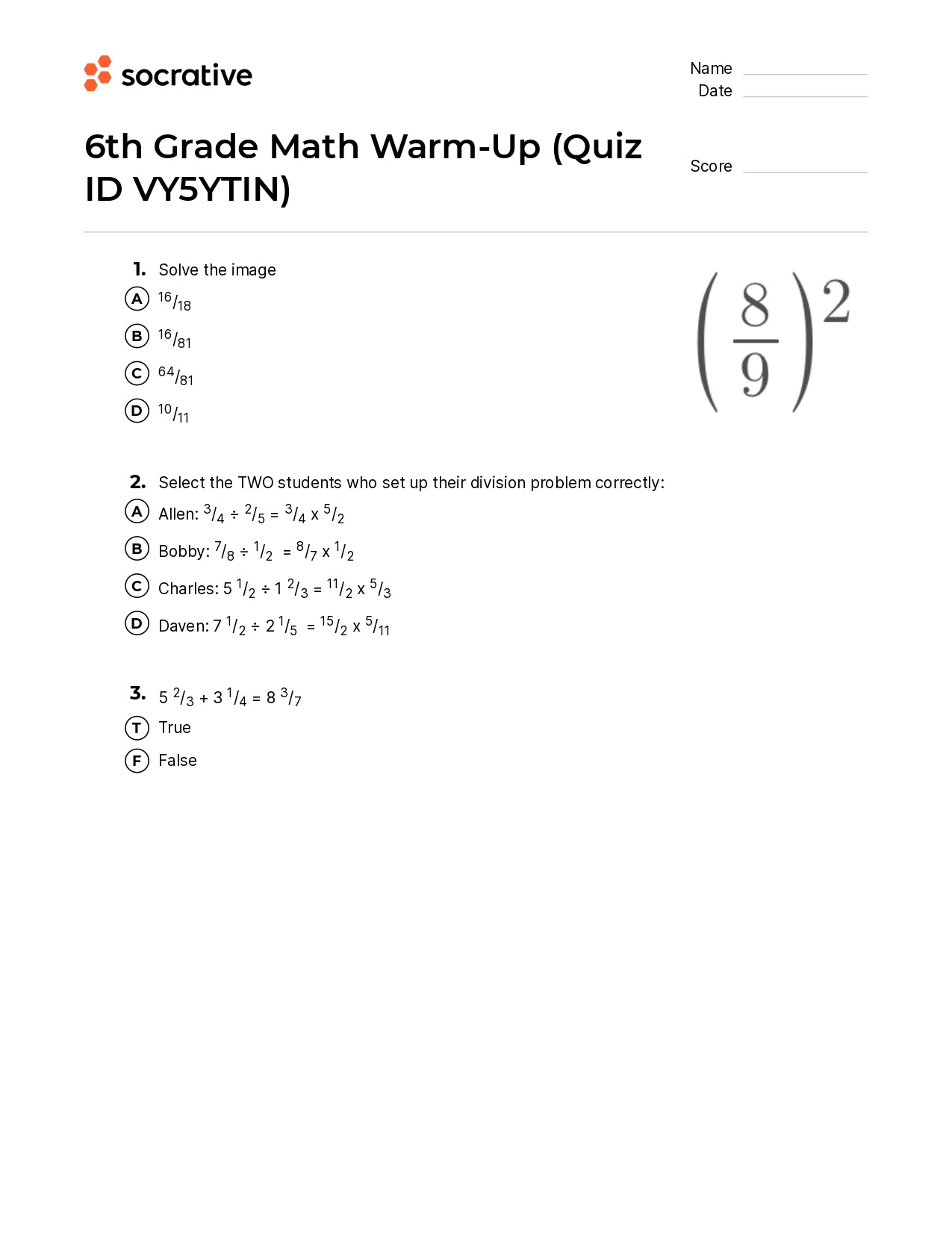 6Th Grade Math Warm-Up