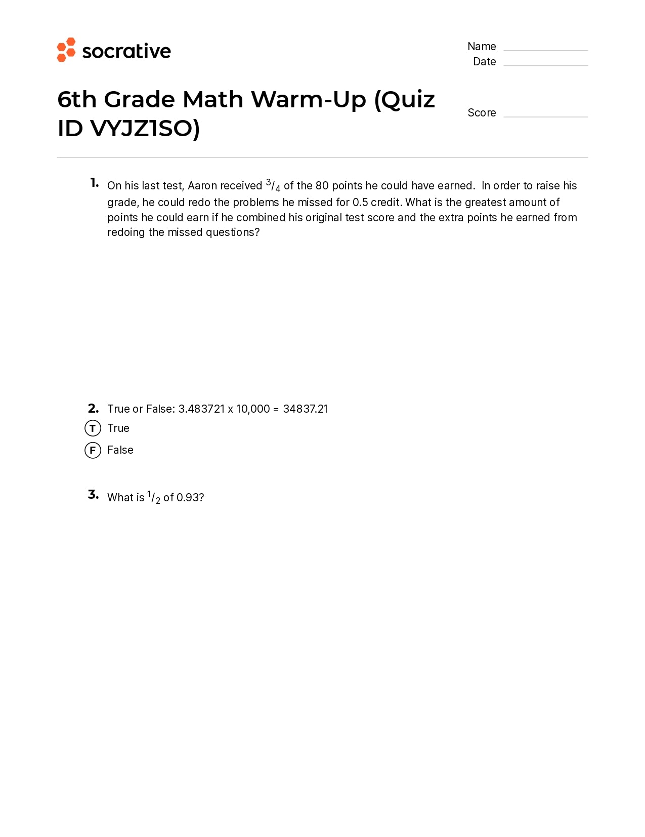 6Th Grade Math Warm-Up