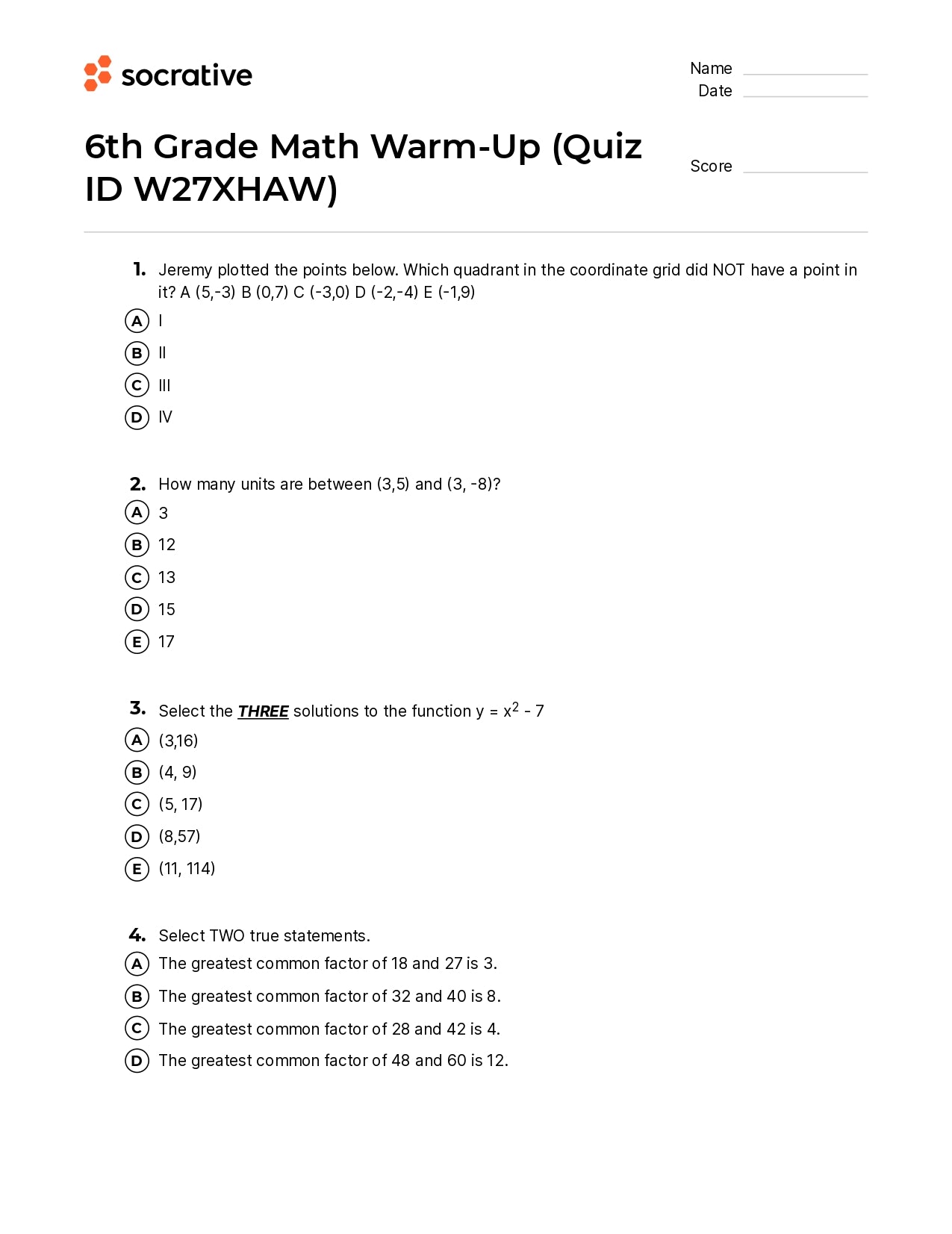 6Th Grade Math Warm-Up