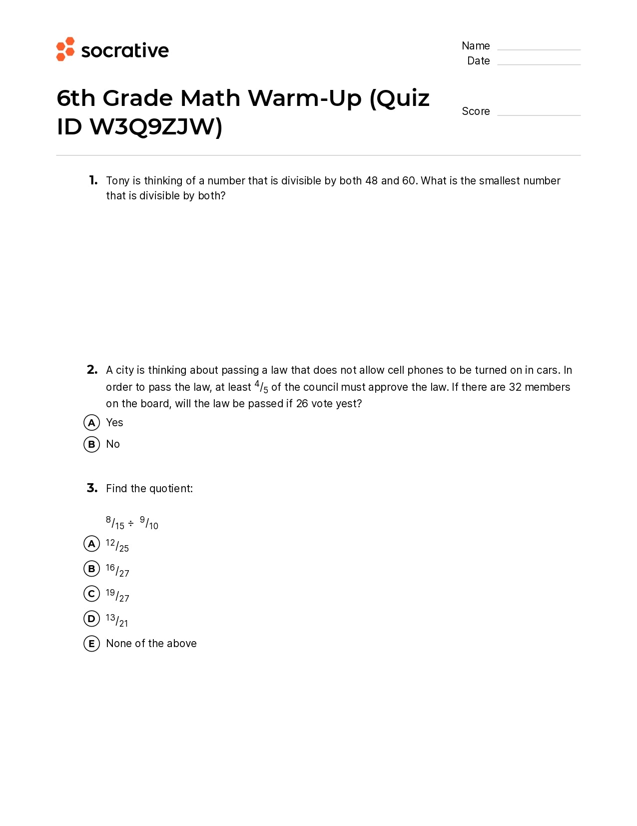 6Th Grade Math Warm-Up