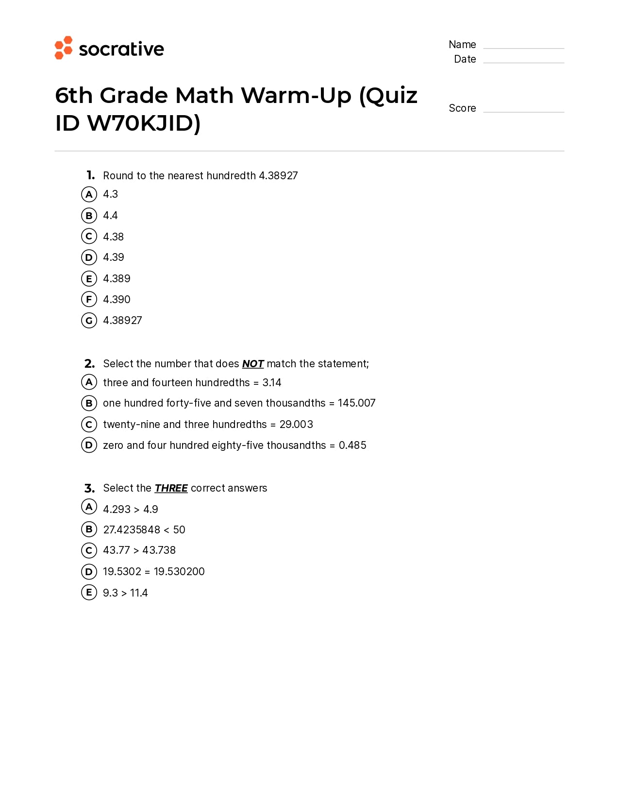 6Th Grade Math Warm-Up