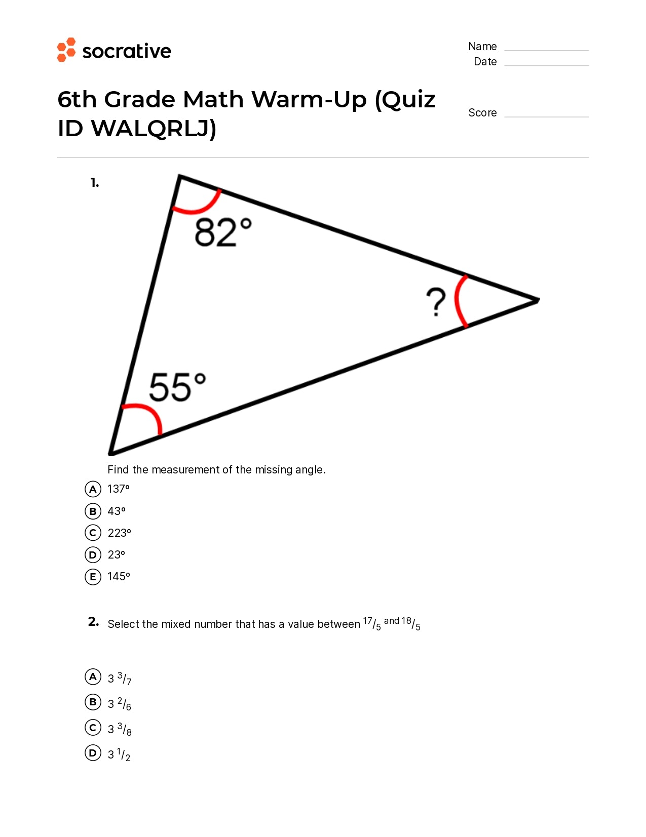 6Th Grade Math Warm-Up