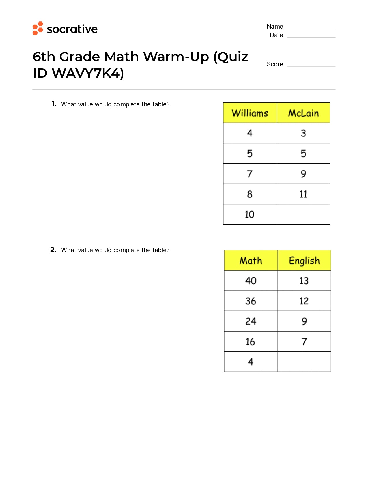 6Th Grade Math Warm-Up