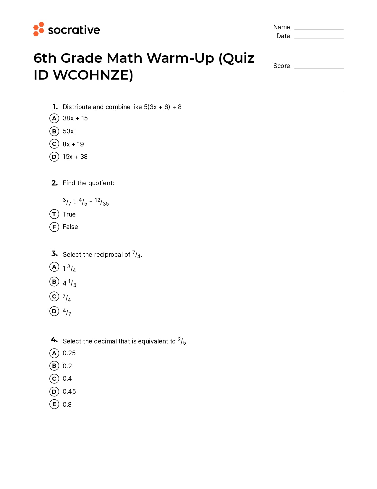 6Th Grade Math Warm-Up