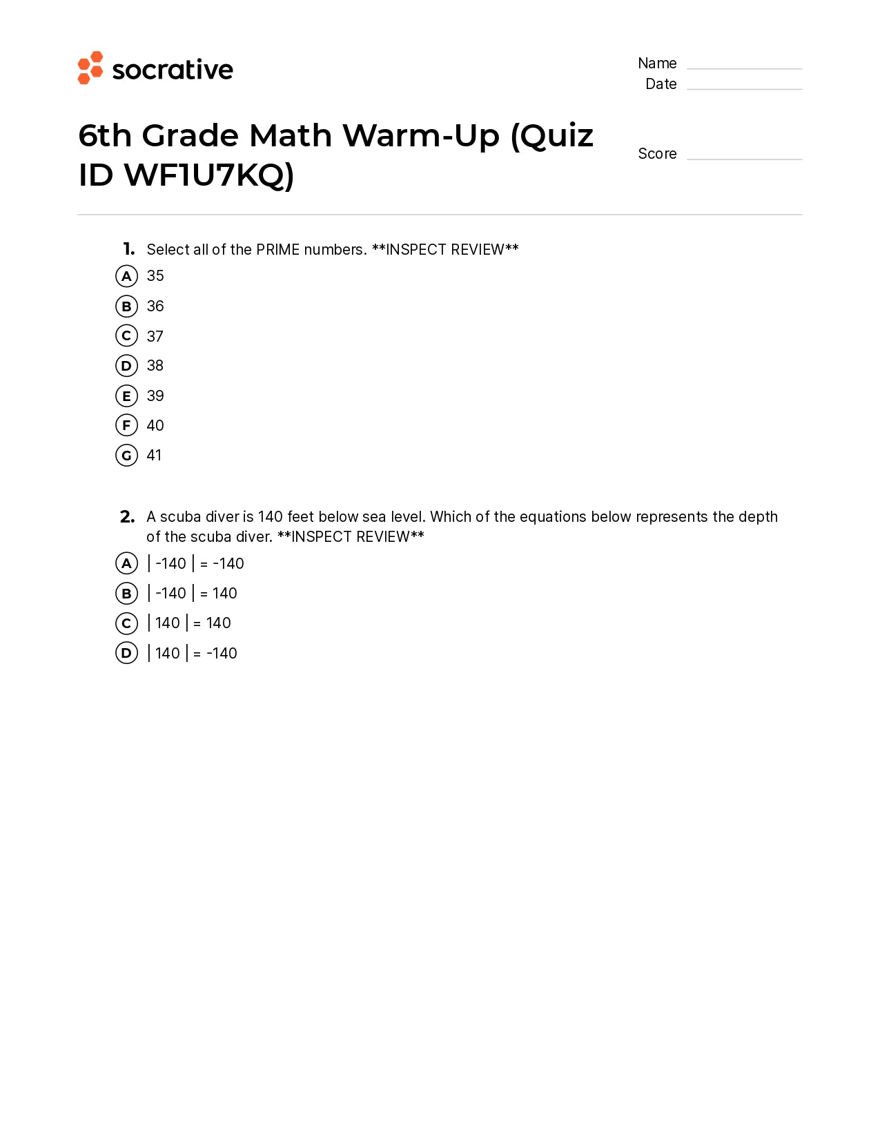 6Th Grade Math Warm-Up