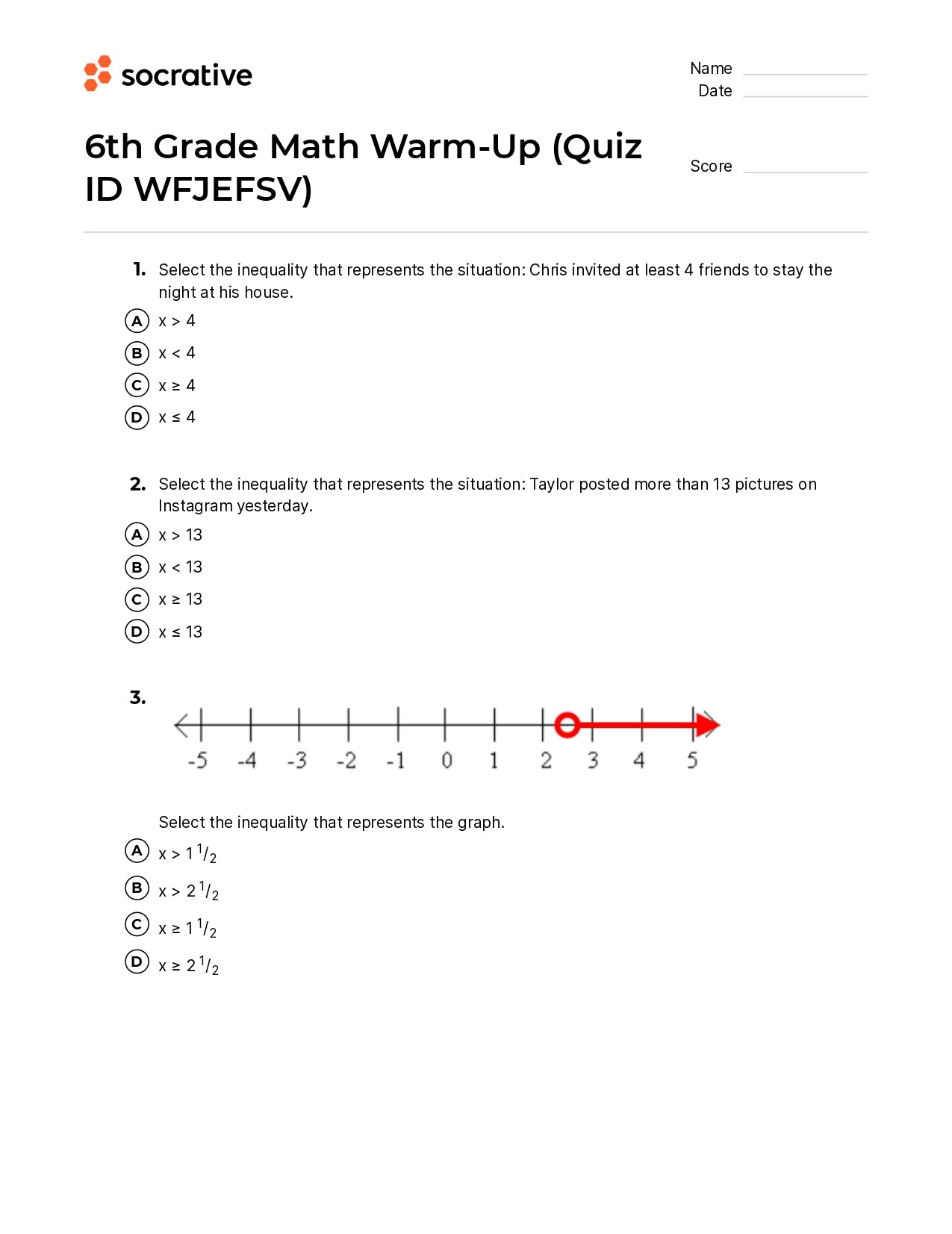 6Th Grade Math Warm-Up