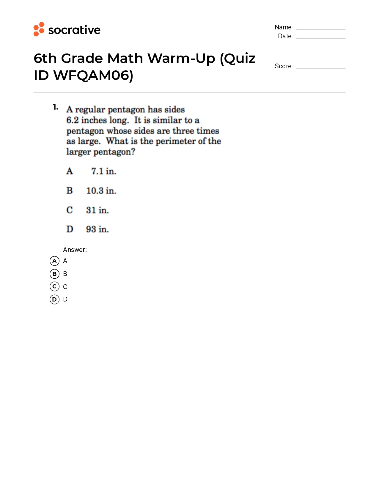 6Th Grade Math Warm-Up