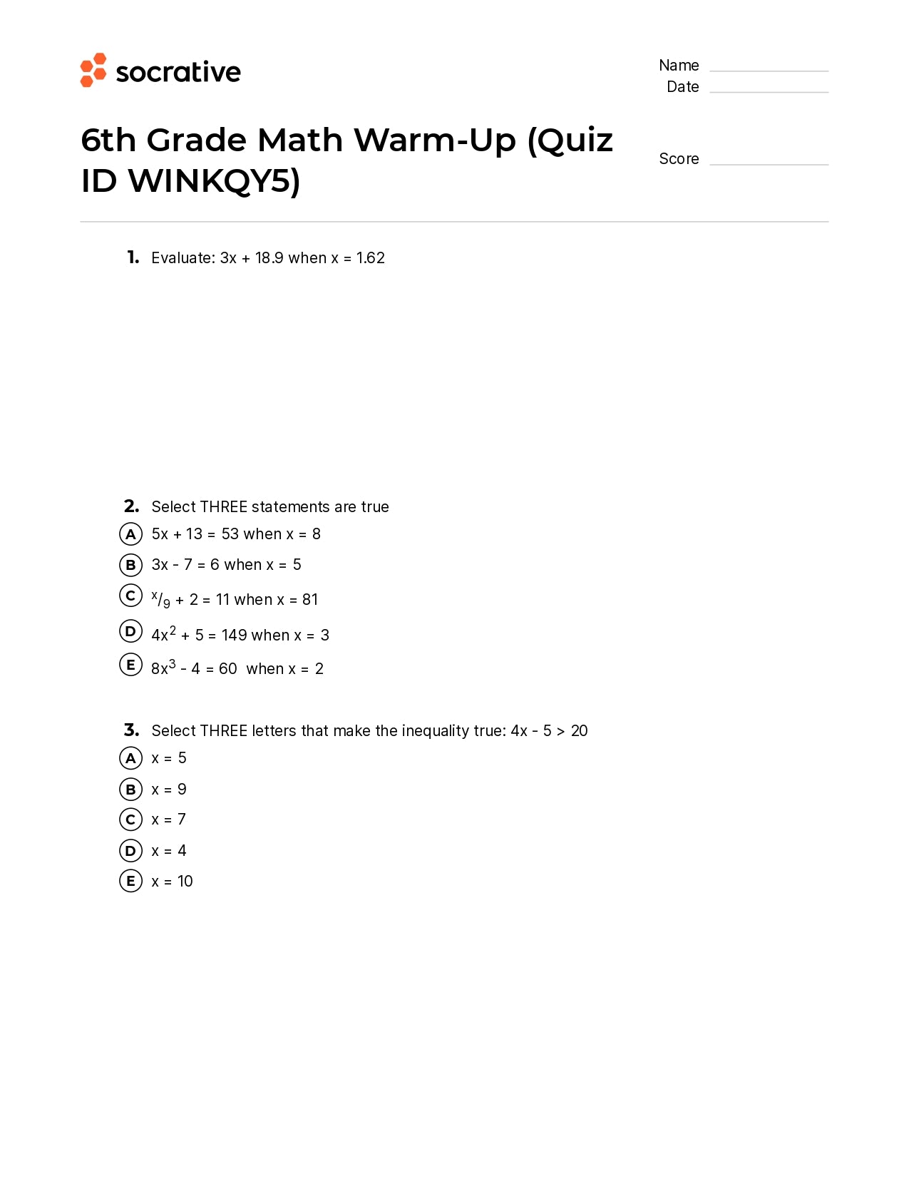 6Th Grade Math Warm-Up