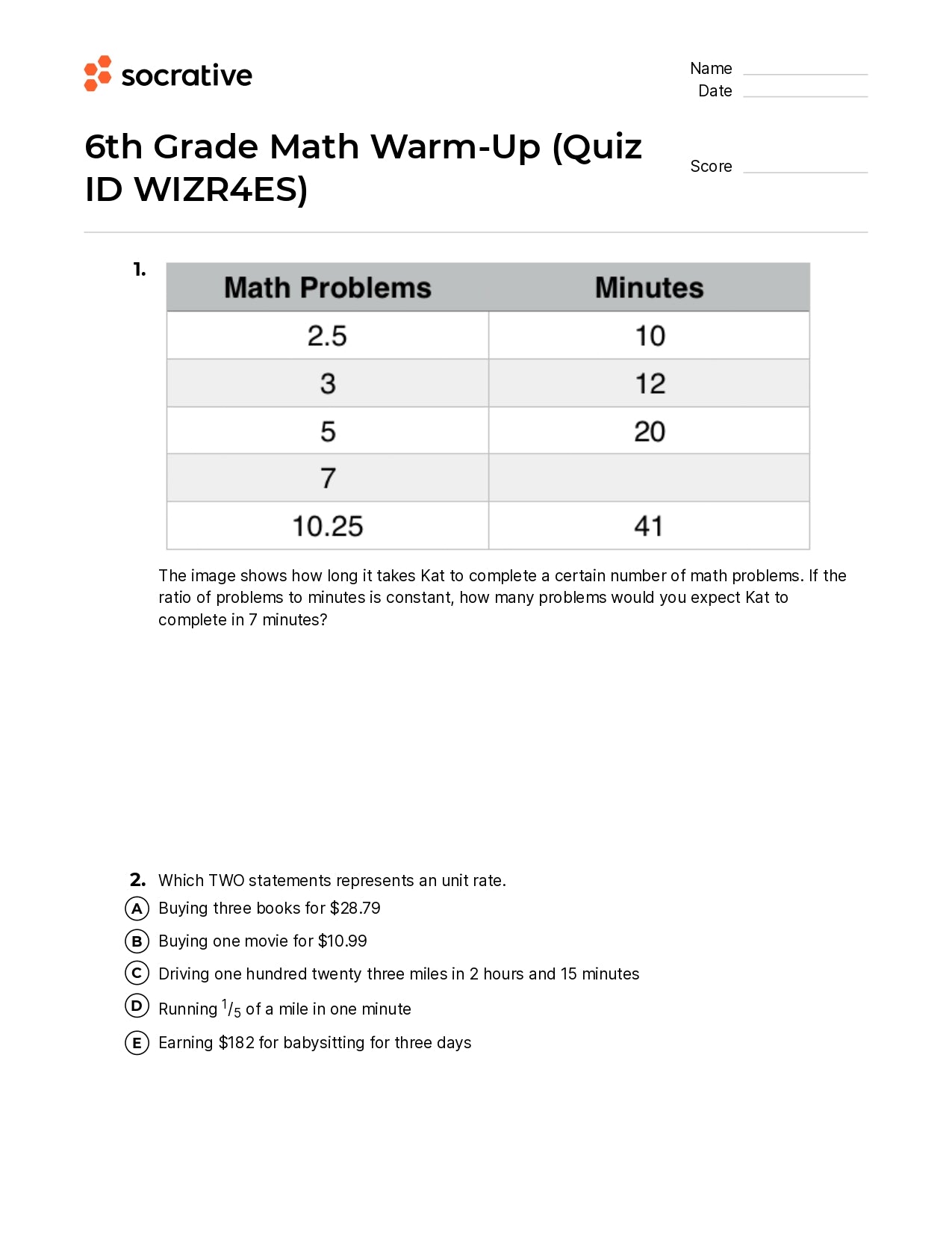 6Th Grade Math Warm-Up