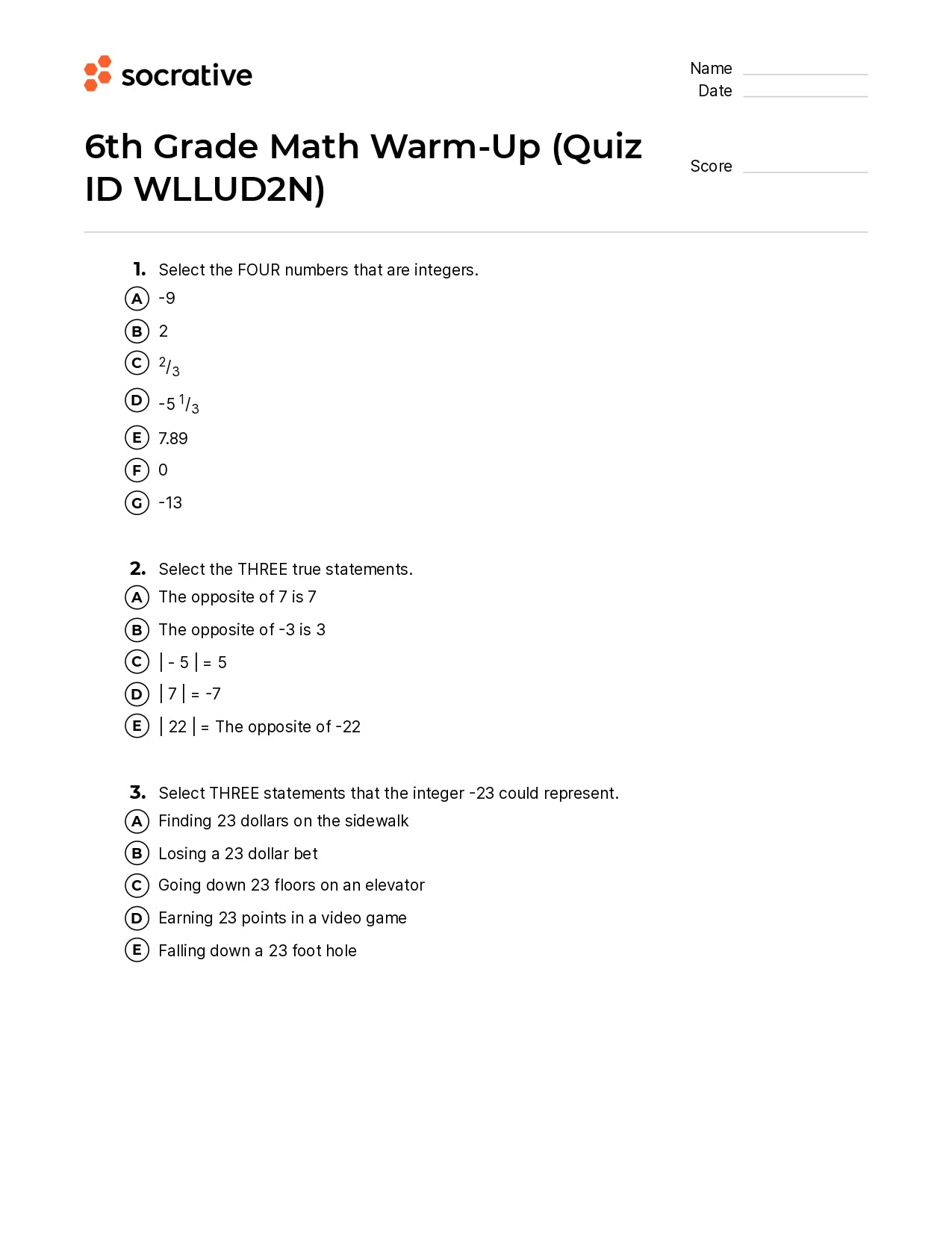 6Th Grade Math Warm-Up