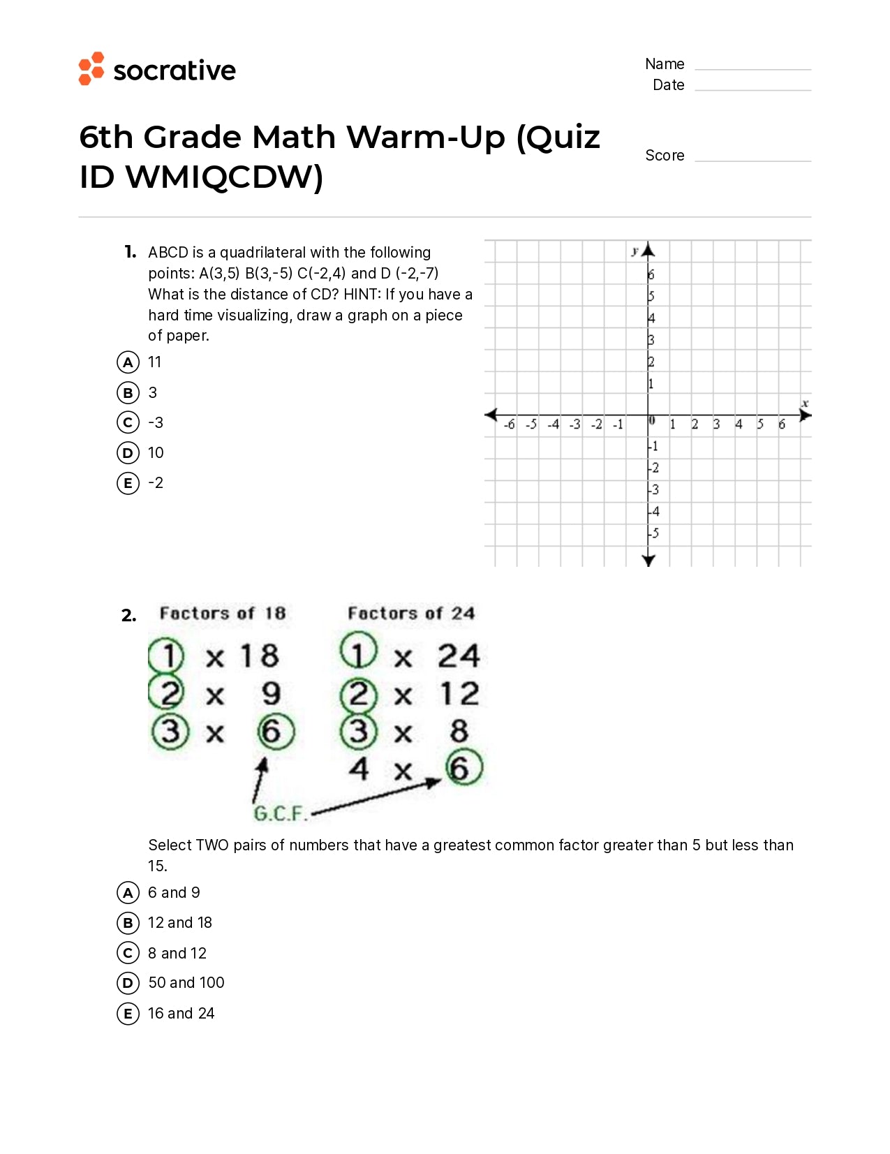 6Th Grade Math Warm-Up