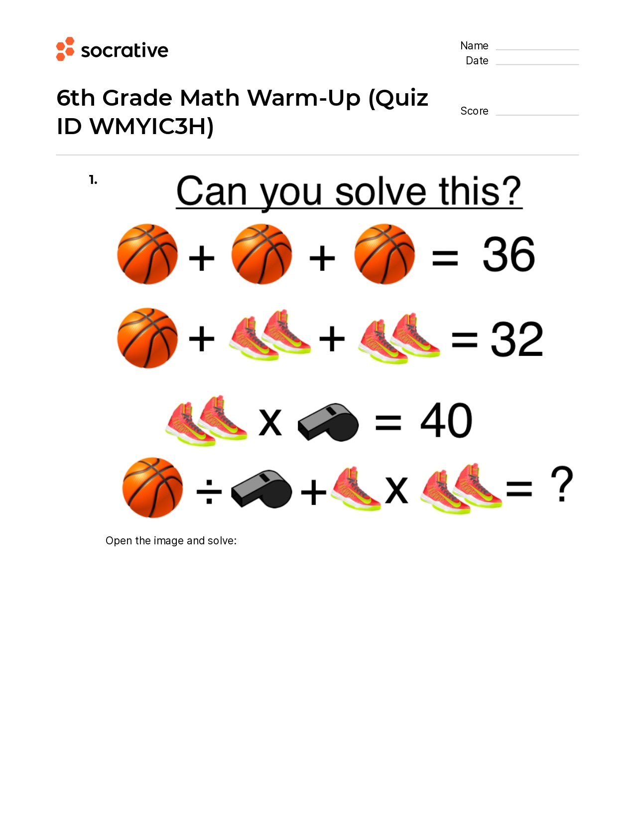 6Th Grade Math Warm-Up