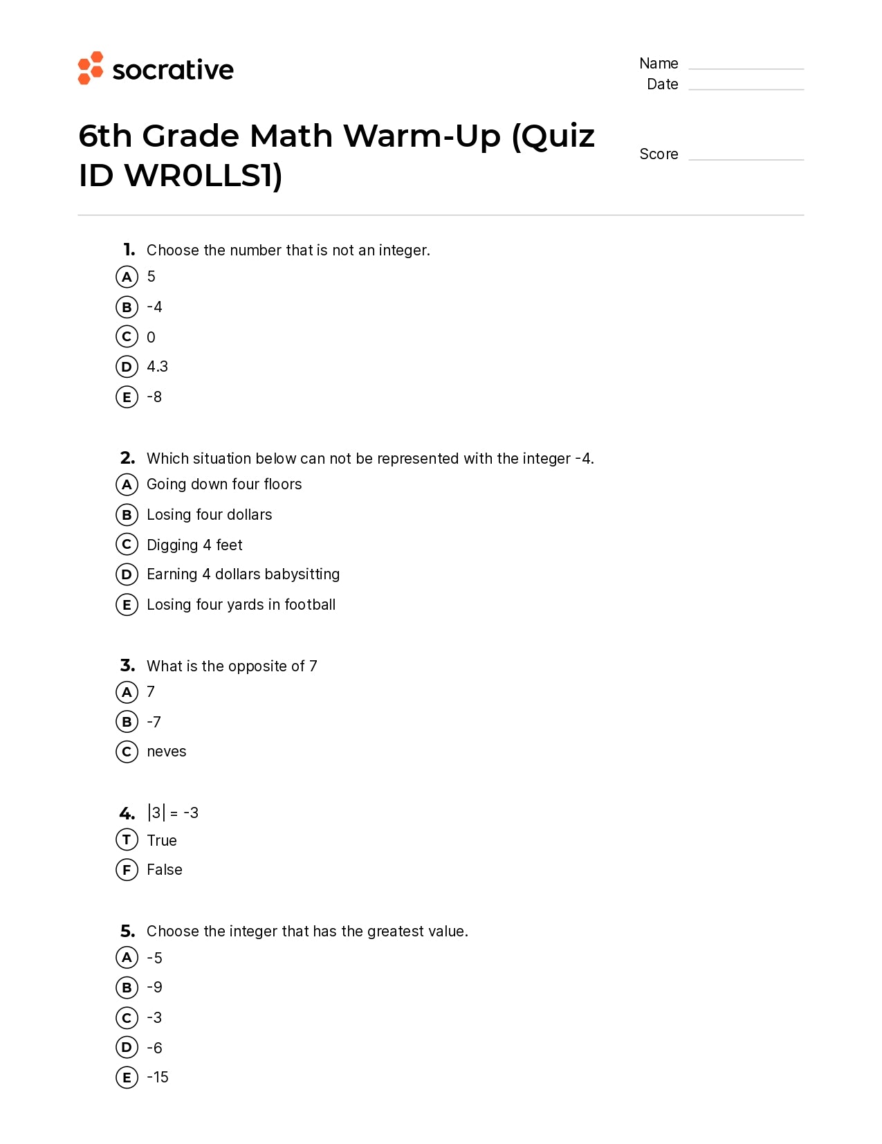 6Th Grade Math Warm-Up