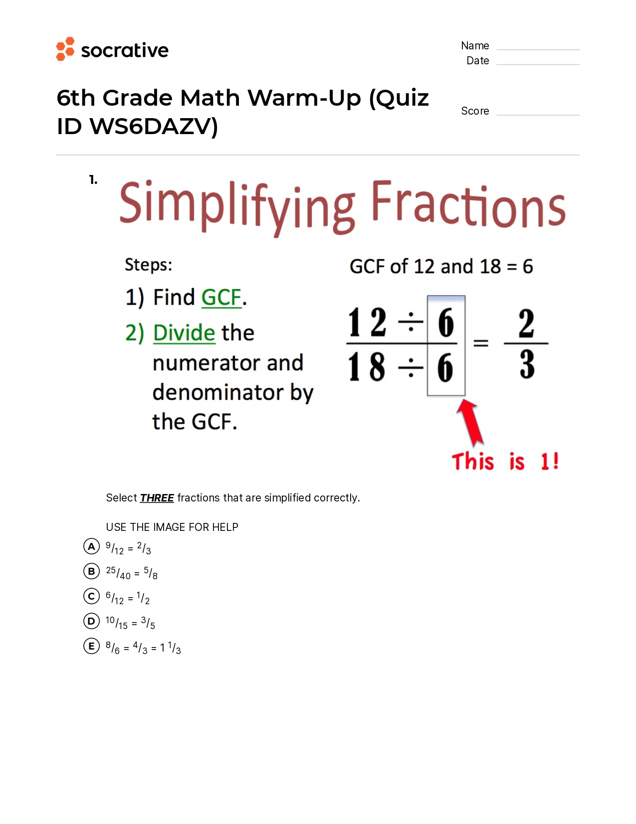 6Th Grade Math Warm-Up