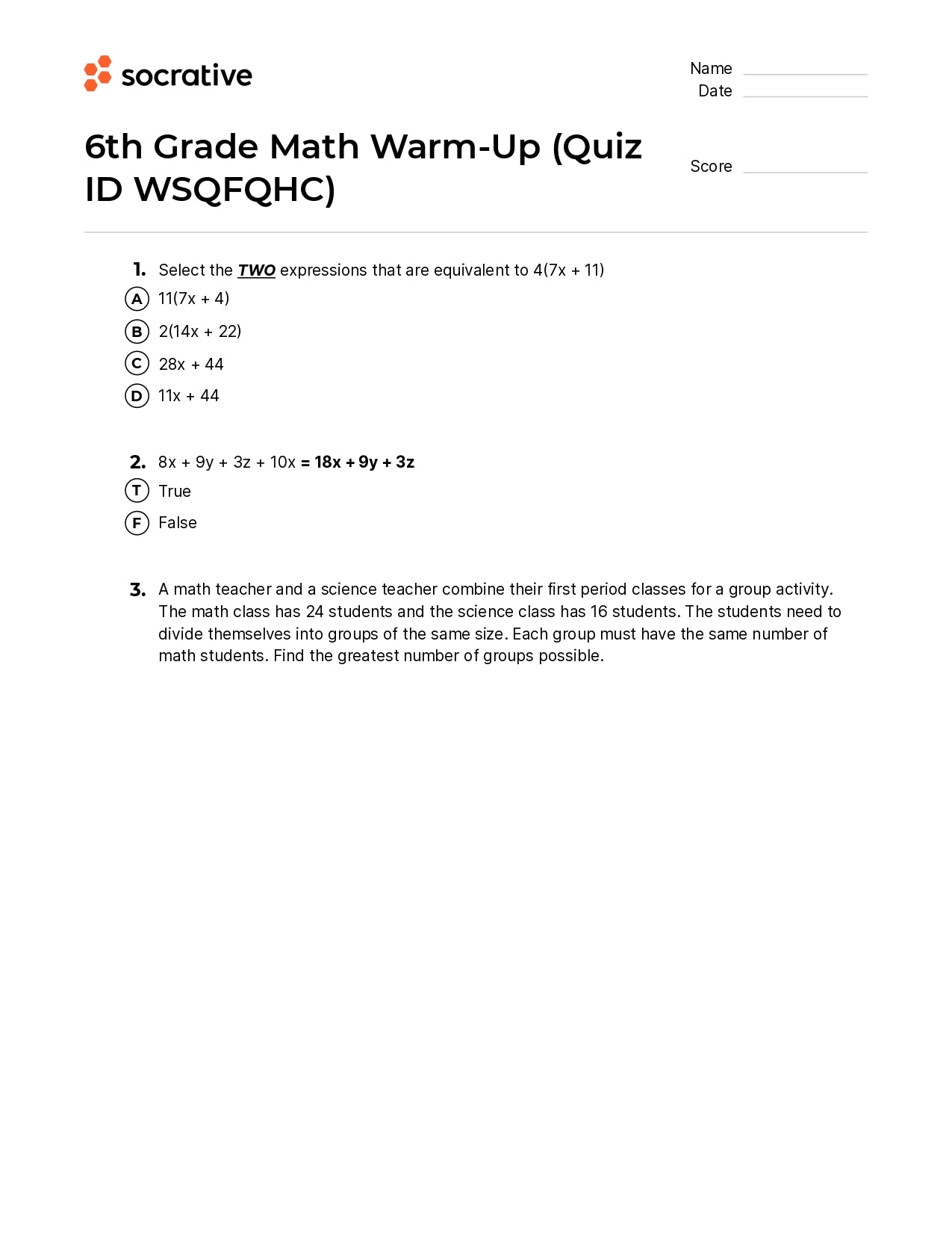 6Th Grade Math Warm-Up
