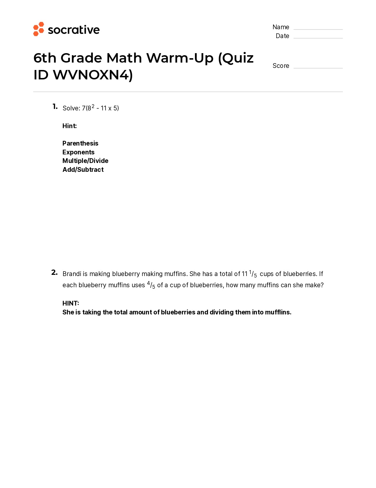 6Th Grade Math Warm-Up