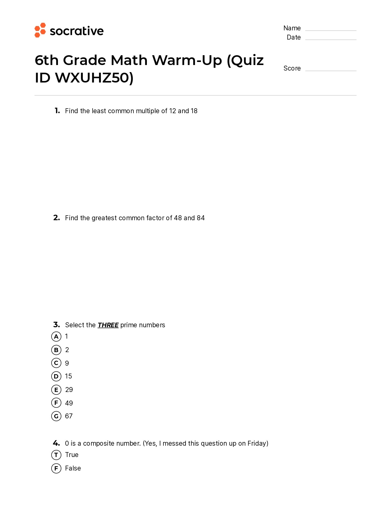 6Th Grade Math Warm-Up