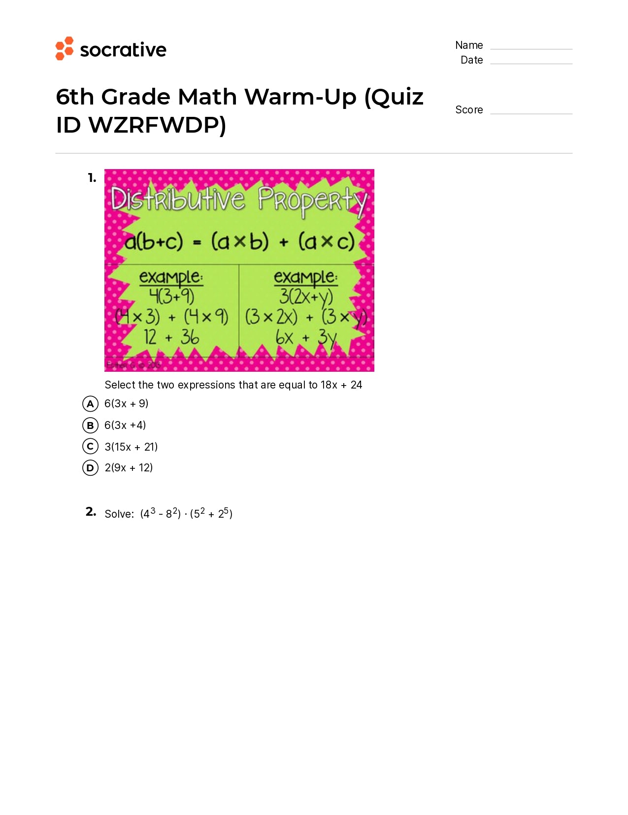 6Th Grade Math Warm-Up
