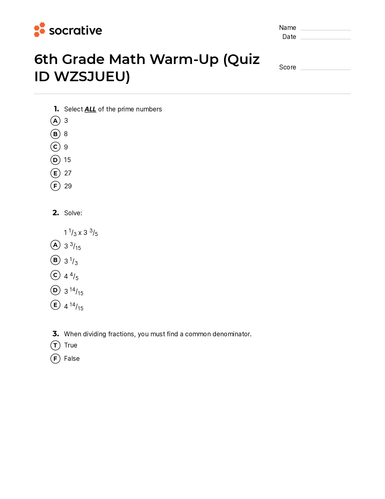 6Th Grade Math Warm-Up