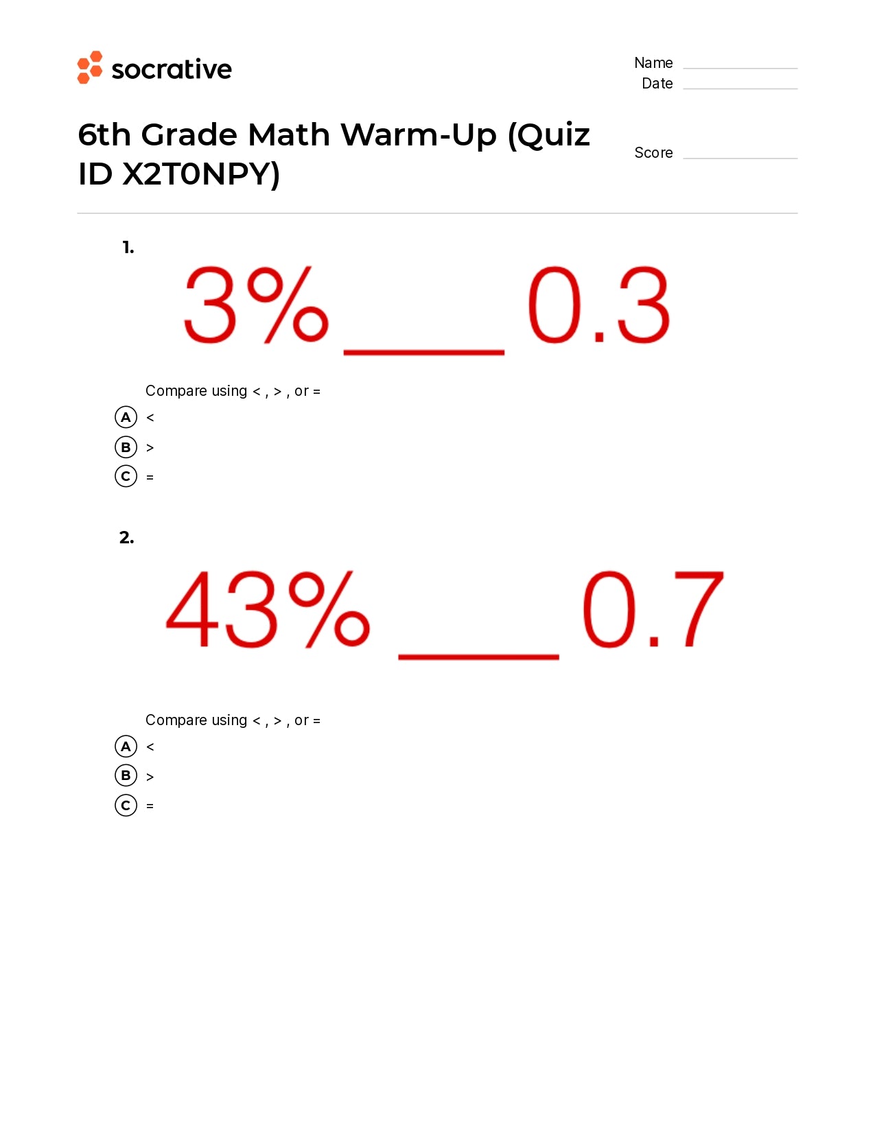 6Th Grade Math Warm-Up