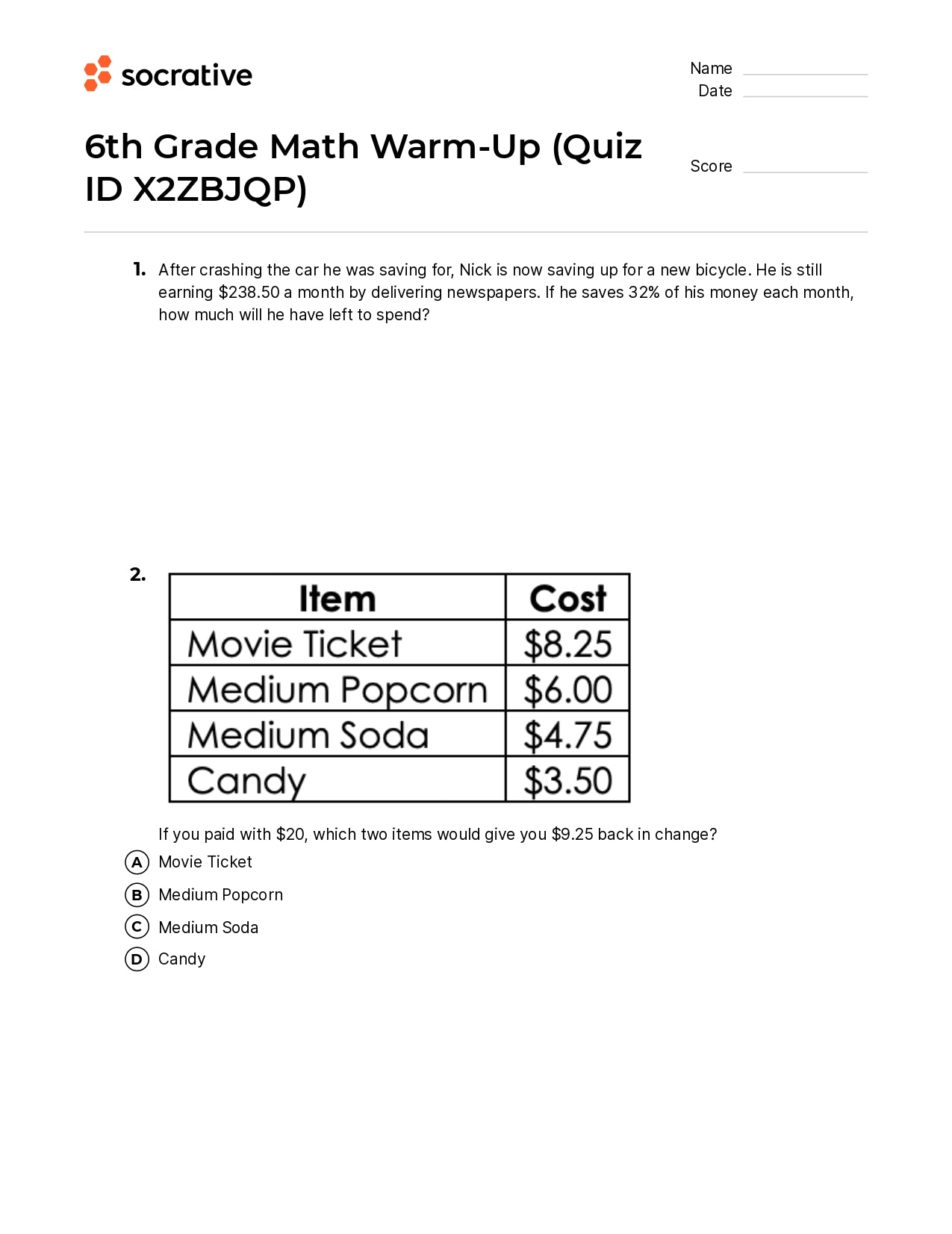 6Th Grade Math Warm-Up