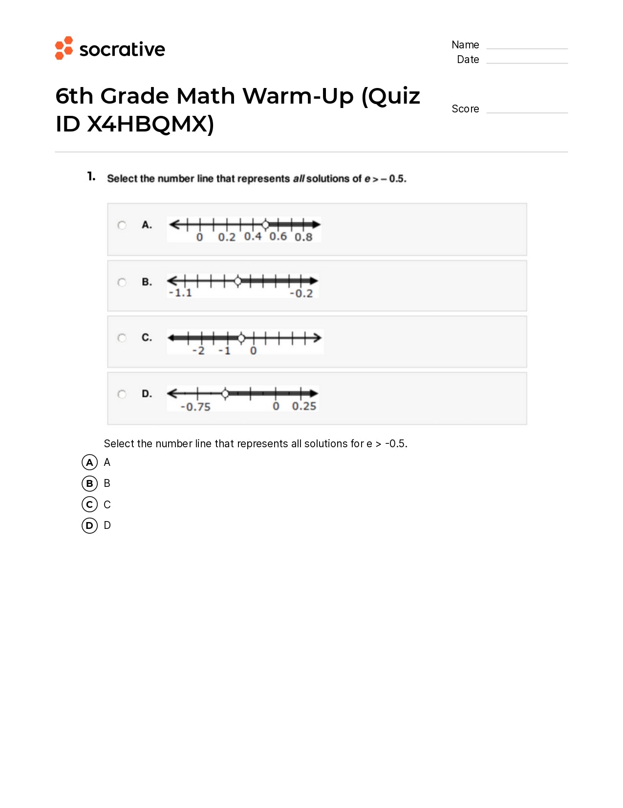 6Th Grade Math Warm-Up