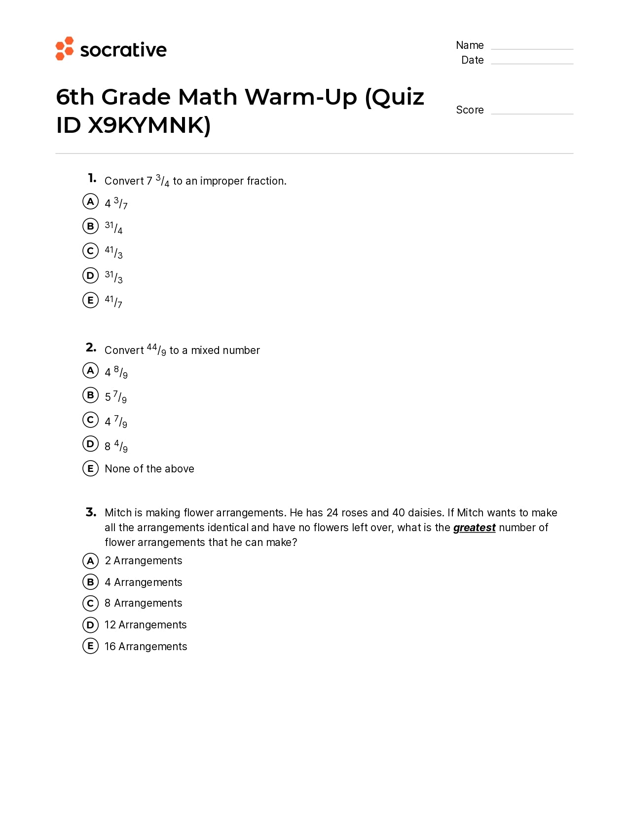 6Th Grade Math Warm-Up