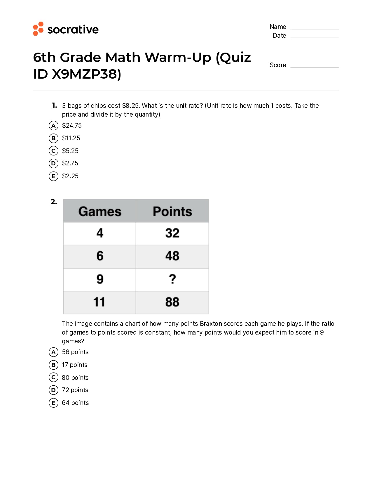 6Th Grade Math Warm-Up
