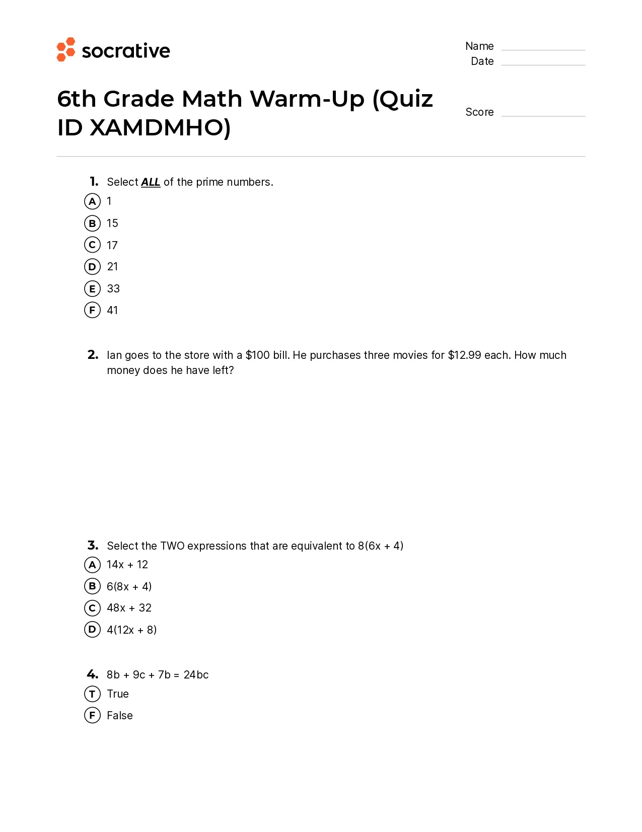 6Th Grade Math Warm-Up