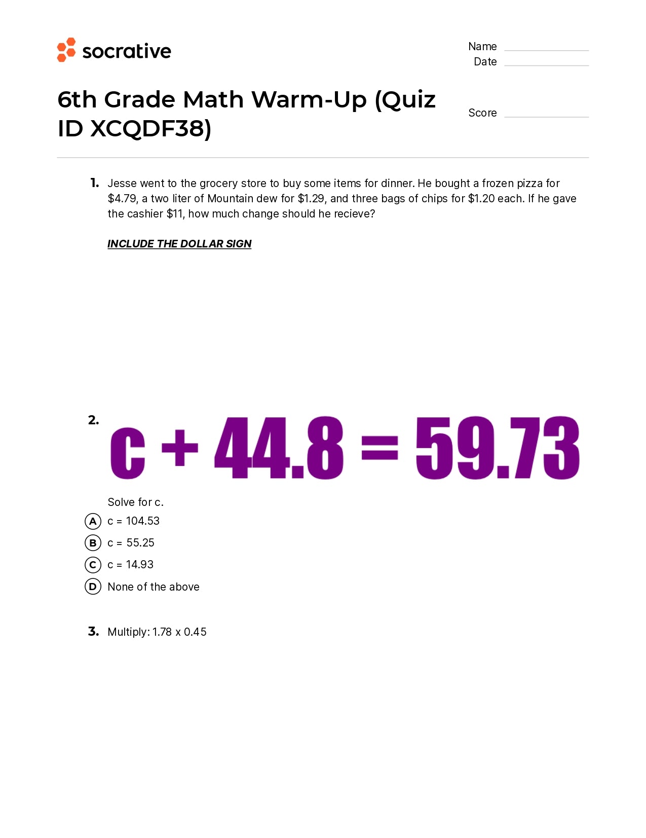6Th Grade Math Warm-Up