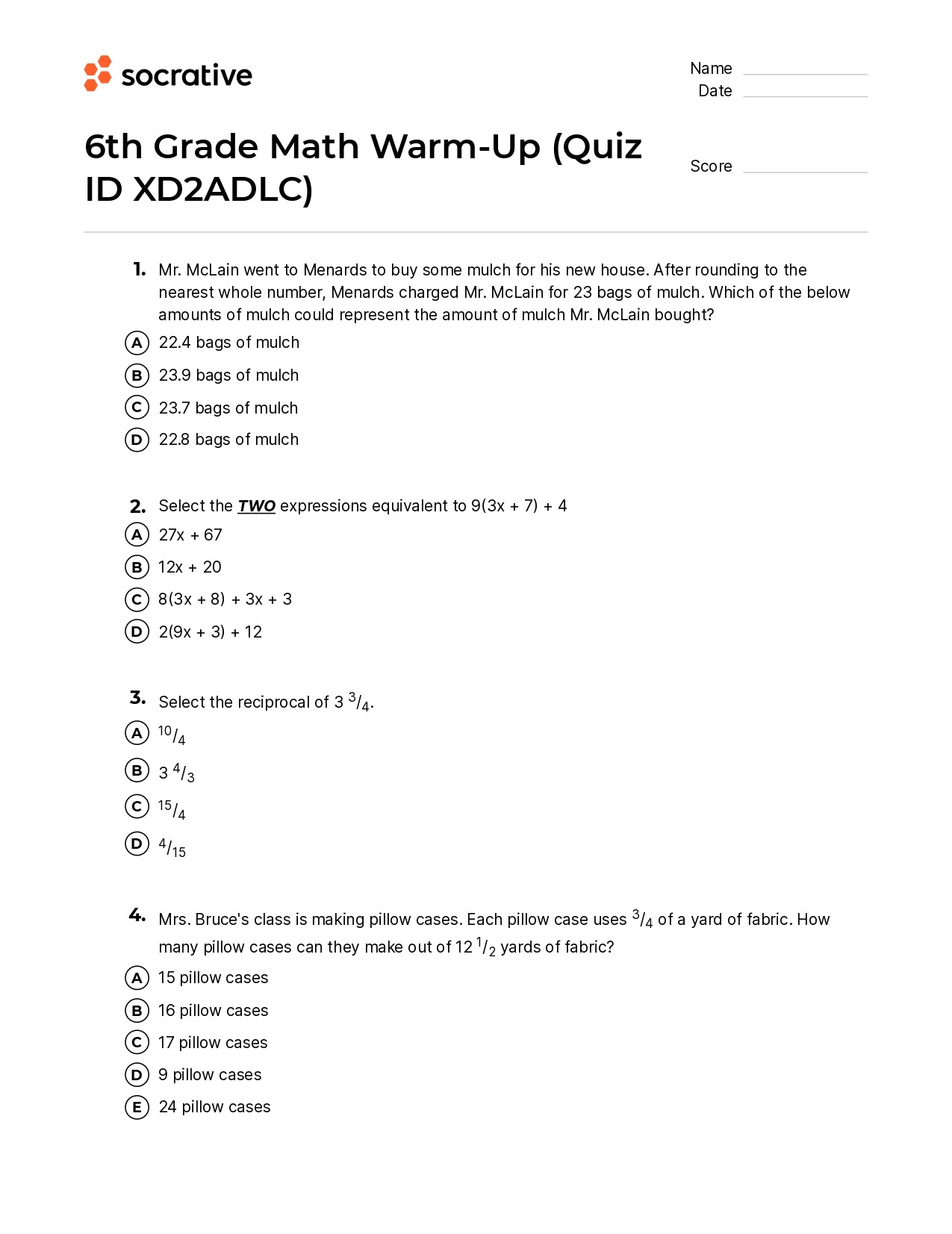 6Th Grade Math Warm-Up