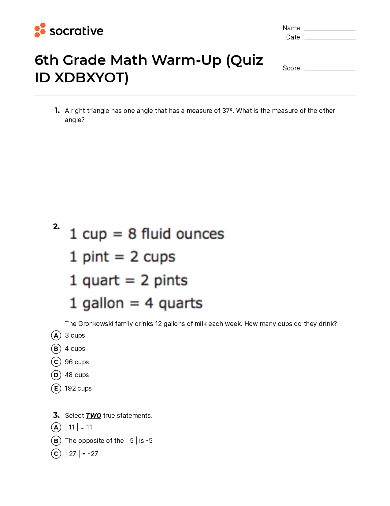 6Th Grade Math Warm-Up