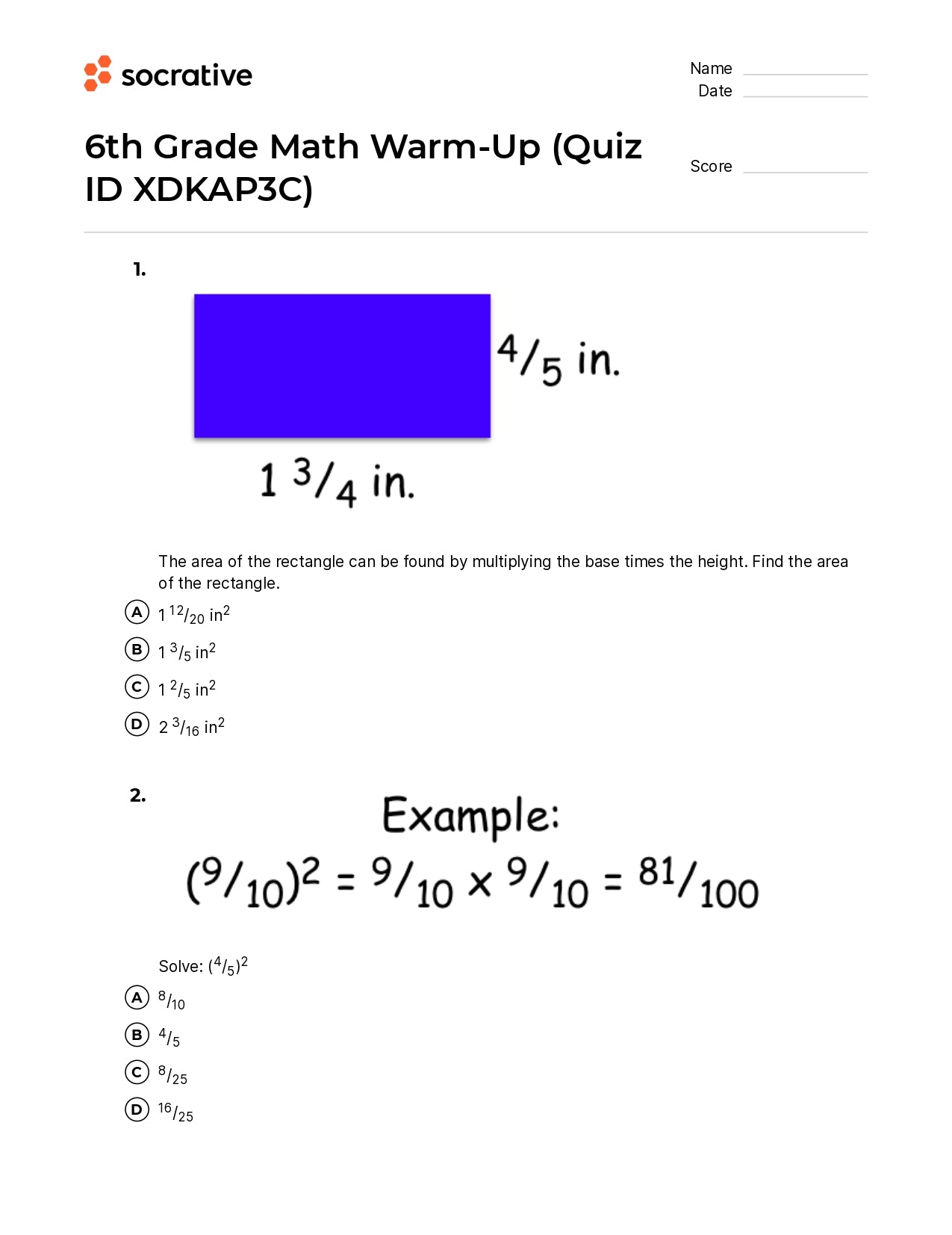 6Th Grade Math Warm-Up