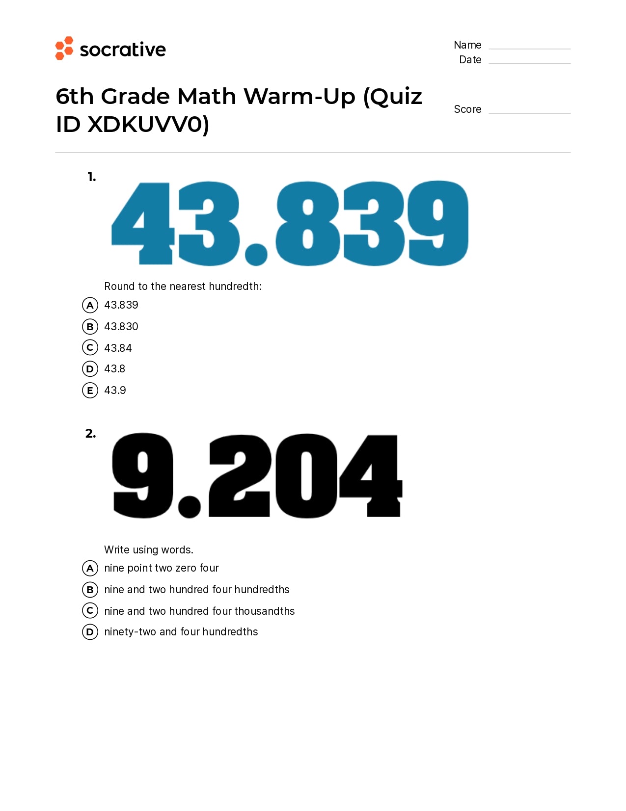 6Th Grade Math Warm-Up