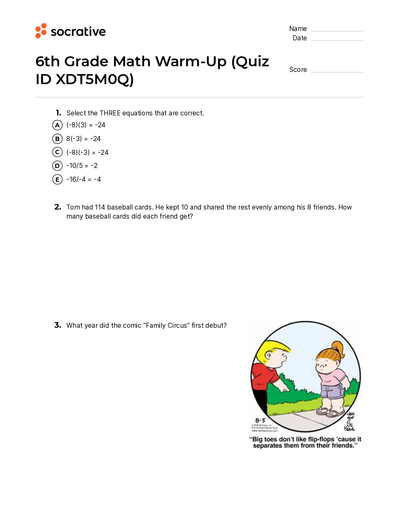 6Th Grade Math Warm-Up