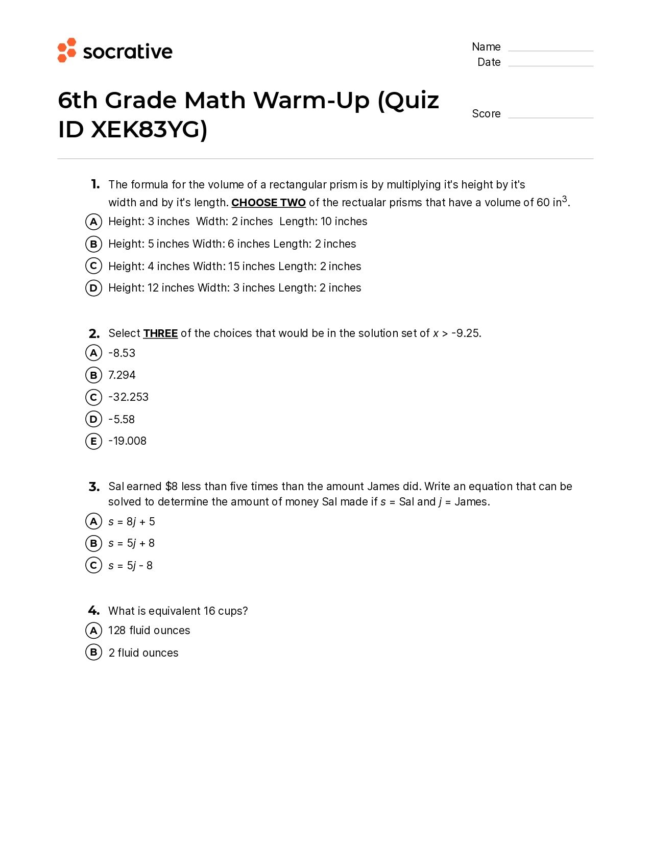 6Th Grade Math Warm-Up