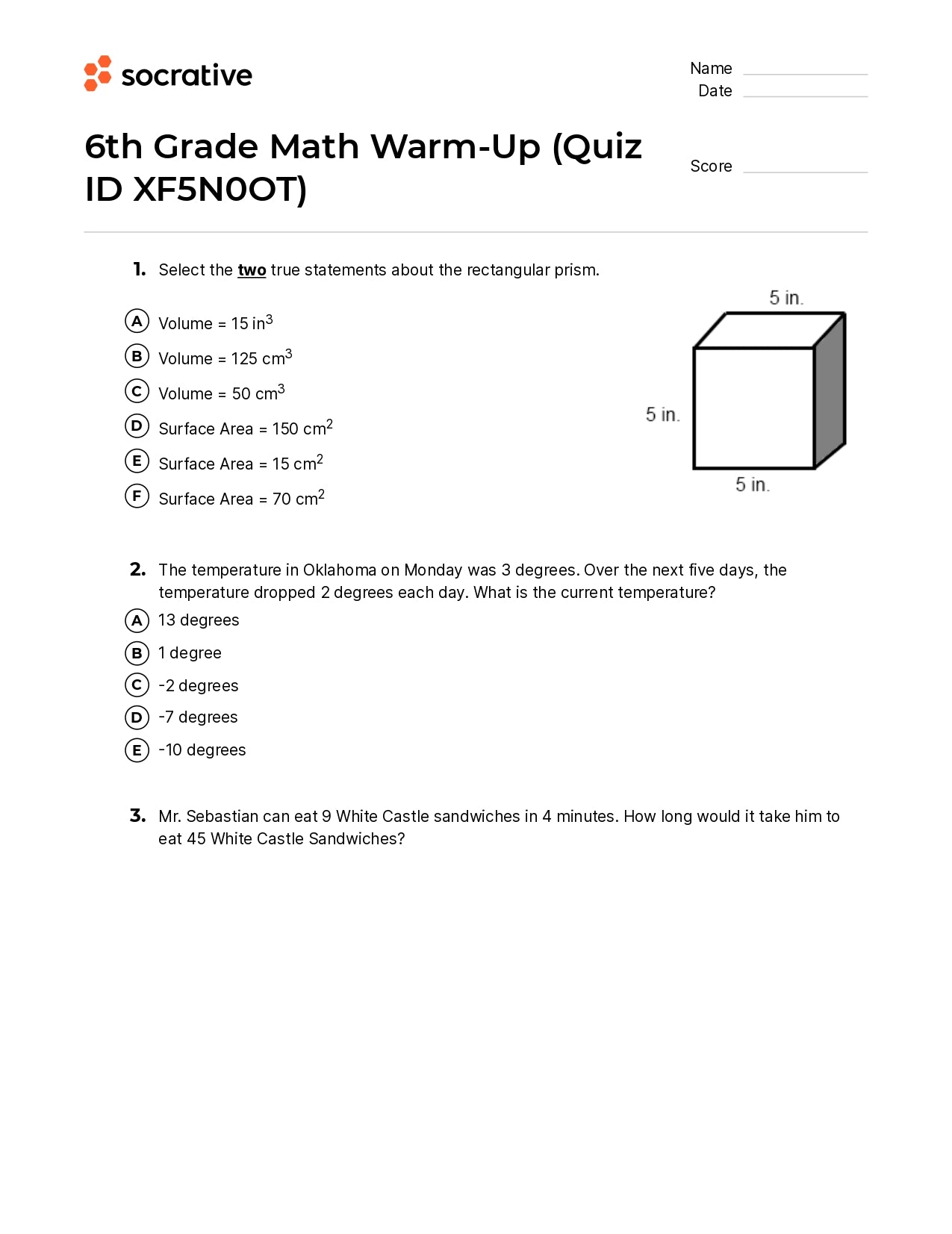 6Th Grade Math Warm-Up