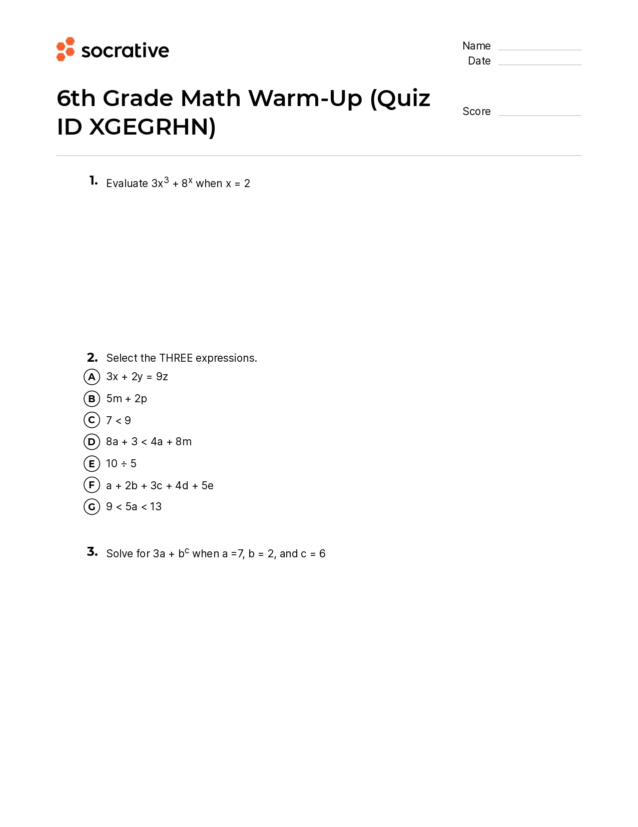 6Th Grade Math Warm-Up