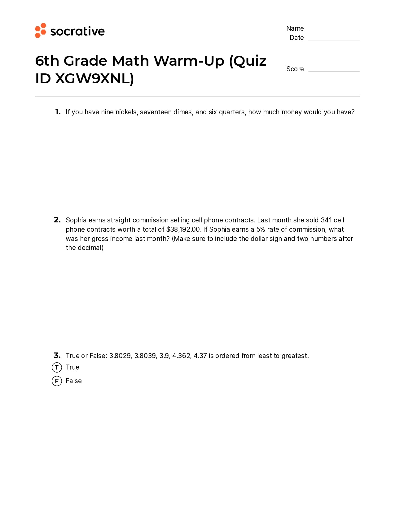 6Th Grade Math Warm-Up