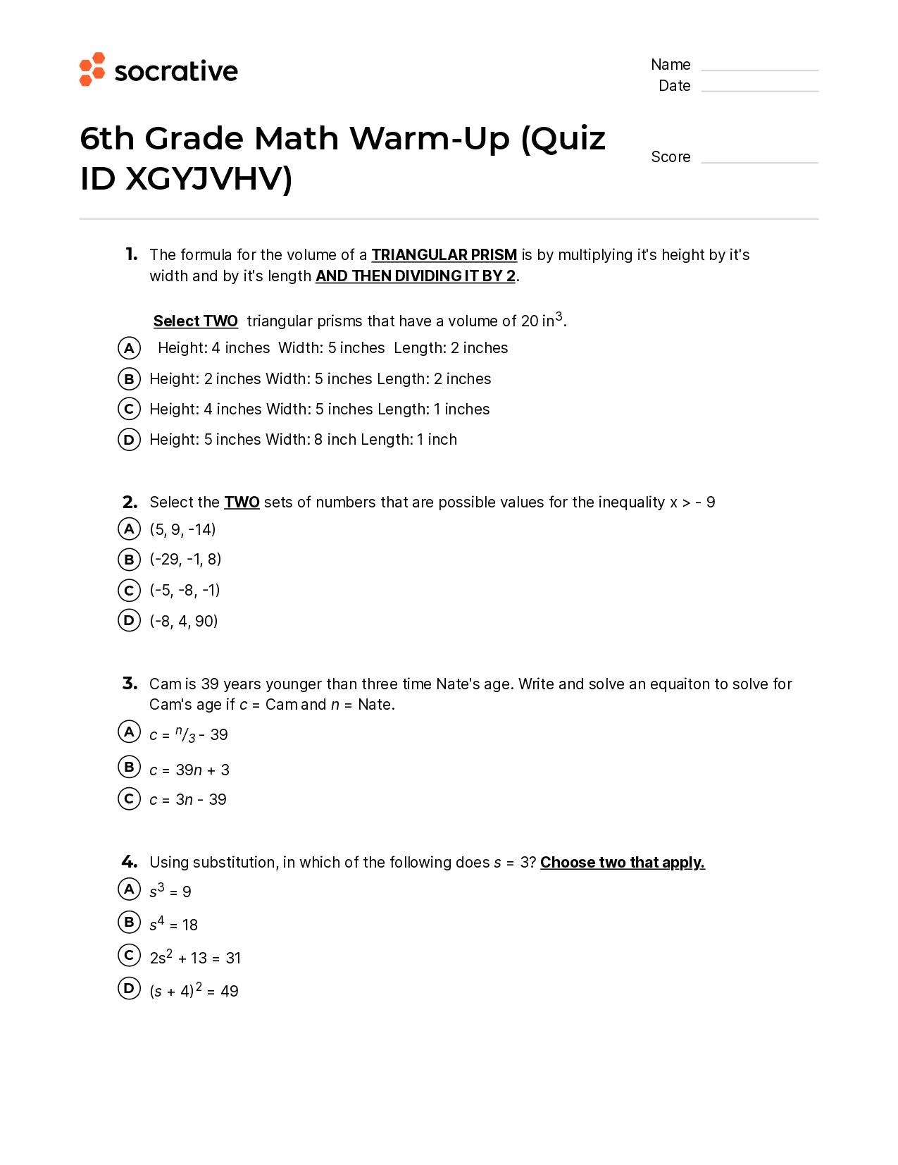 6Th Grade Math Warm-Up