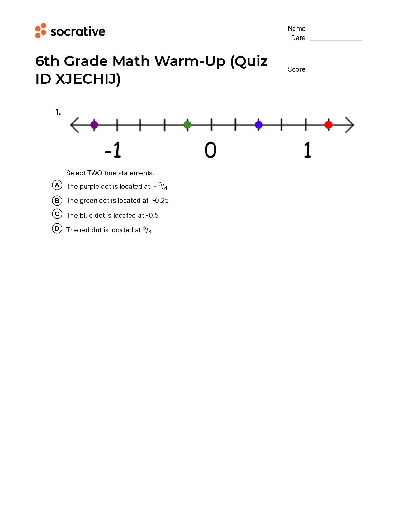 6Th Grade Math Warm-Up