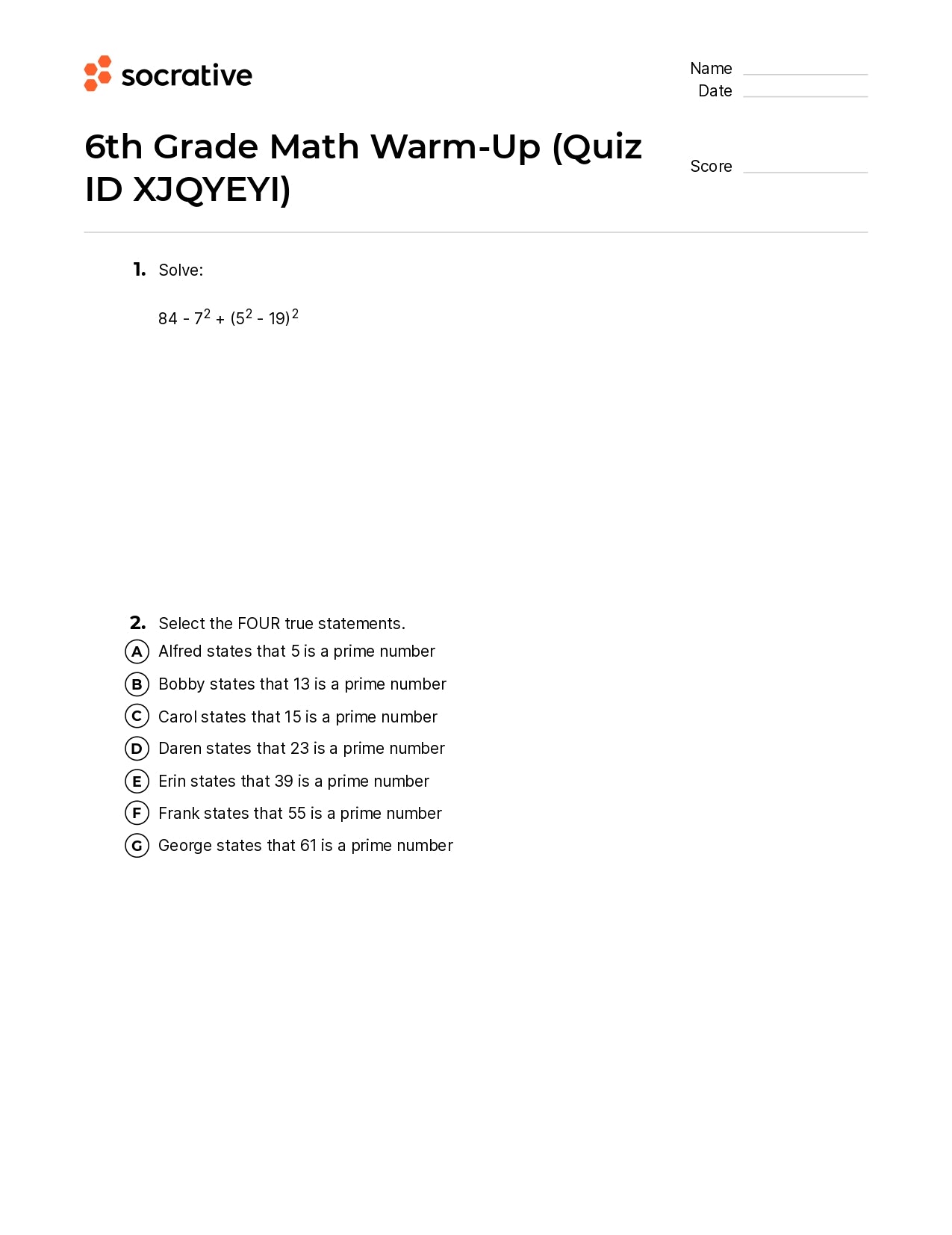 6Th Grade Math Warm-Up