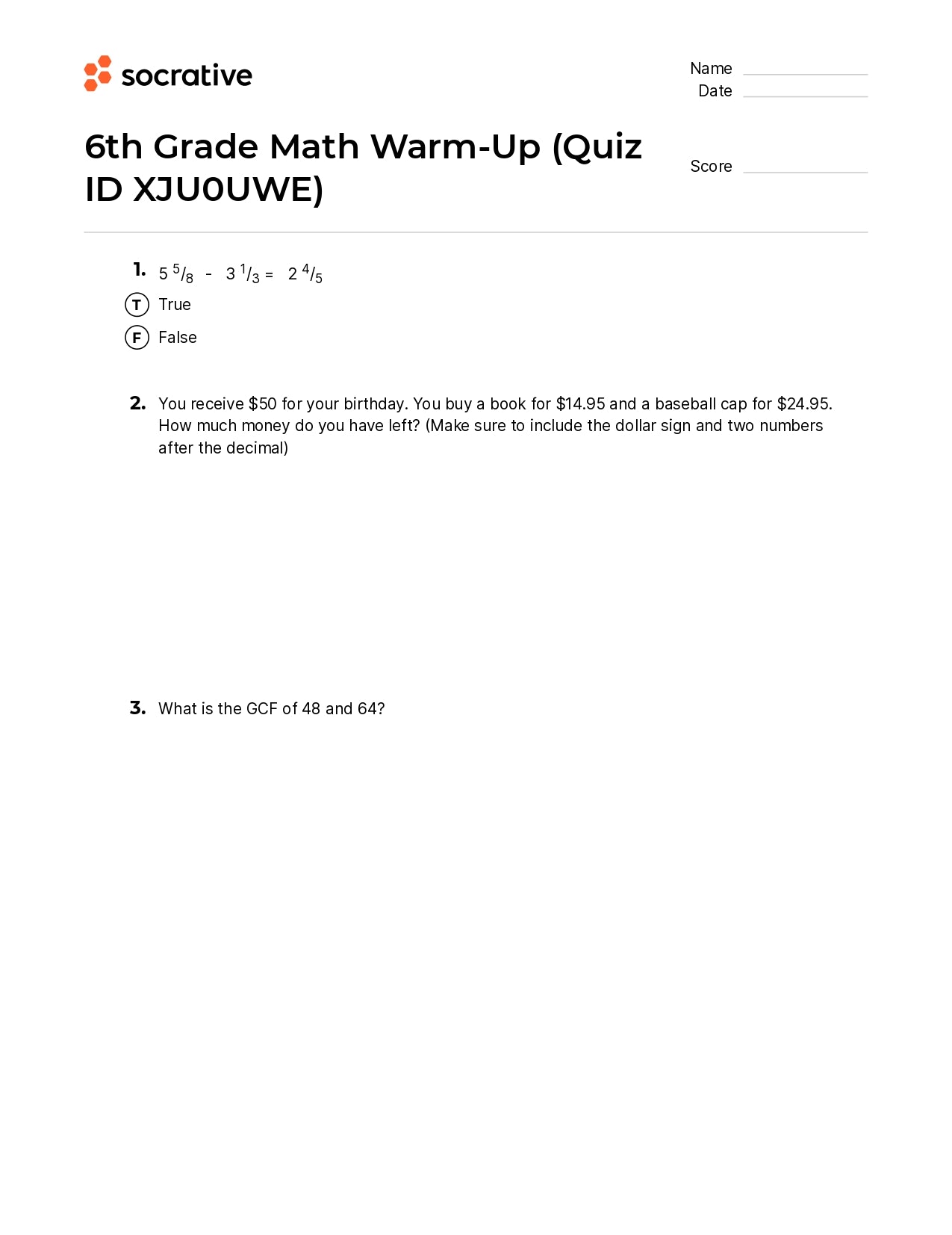 6Th Grade Math Warm-Up