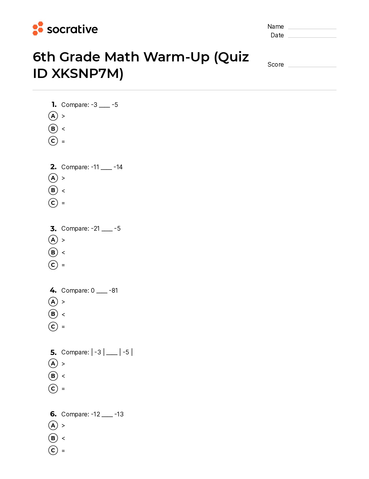 6Th Grade Math Warm-Up